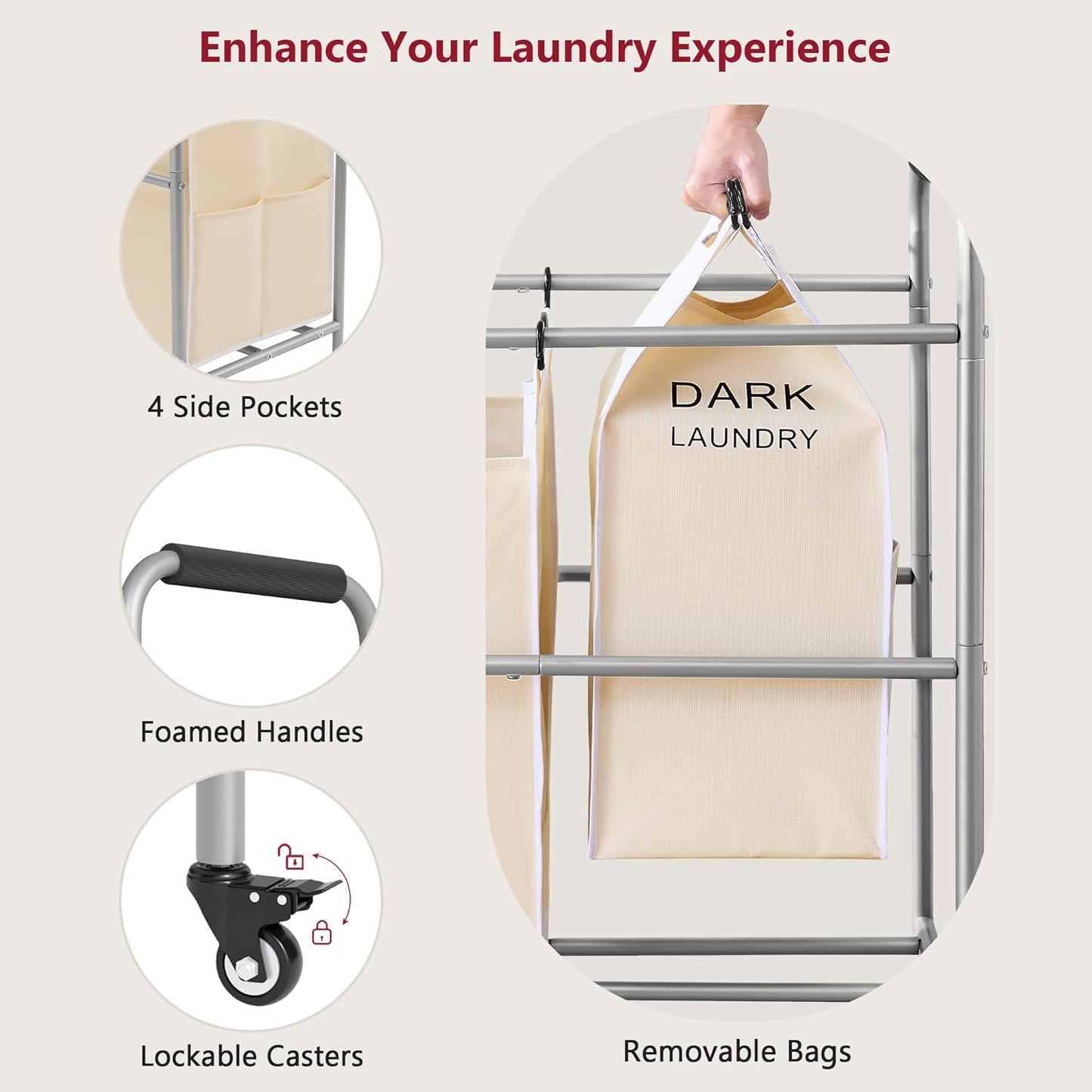 Tajsoon Laundry Sorter 5 Sections, Laundry Hamper with Heavy Duty Lockable Wheels and Removable Bags, 5 Bag Rolling Laundry Sorter Cart for Dirty Clothes Storage, Laundry Separator Hamper, Beige