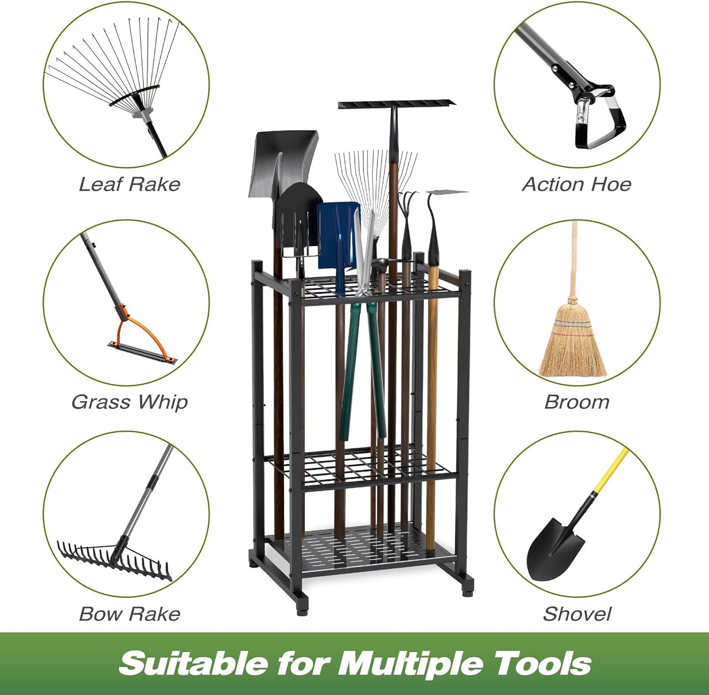 Garden Tool Organizer, Yard Tool Tower Rack for Garage Organization and Storage, Up to 35 Long-Handled Tools/Rakes/Brooms, Heavy Duty Steel Garden Tool Stand for Shed, Outdoor, Black