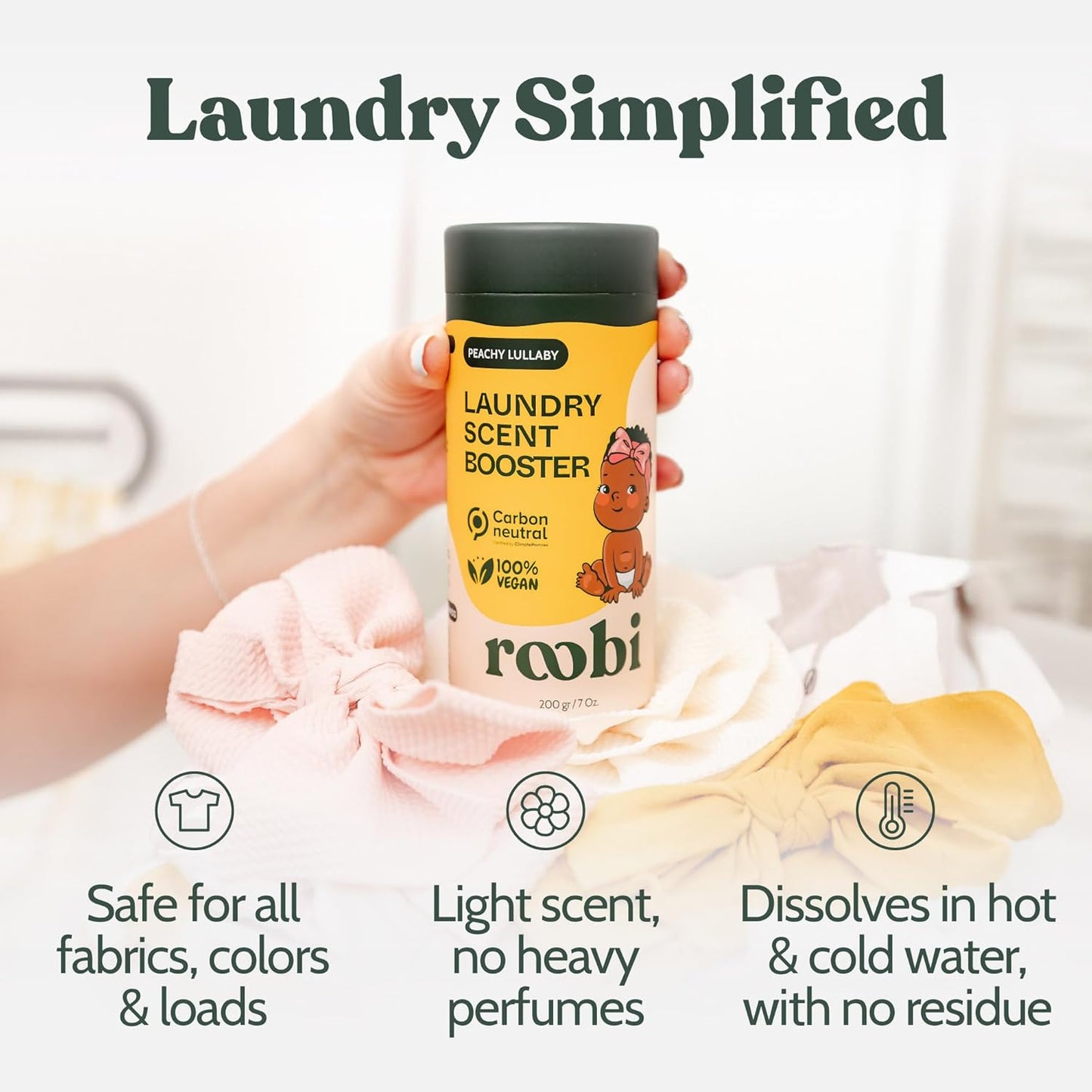 Roobi Baby Laundry Scent Booster. Peachy Lullaby Fragrance Beads. Specially Formulated for Baby's Sensitive Skin. Up to 20 Washing Cycles. Carbon Neutral, 100% Vegan.