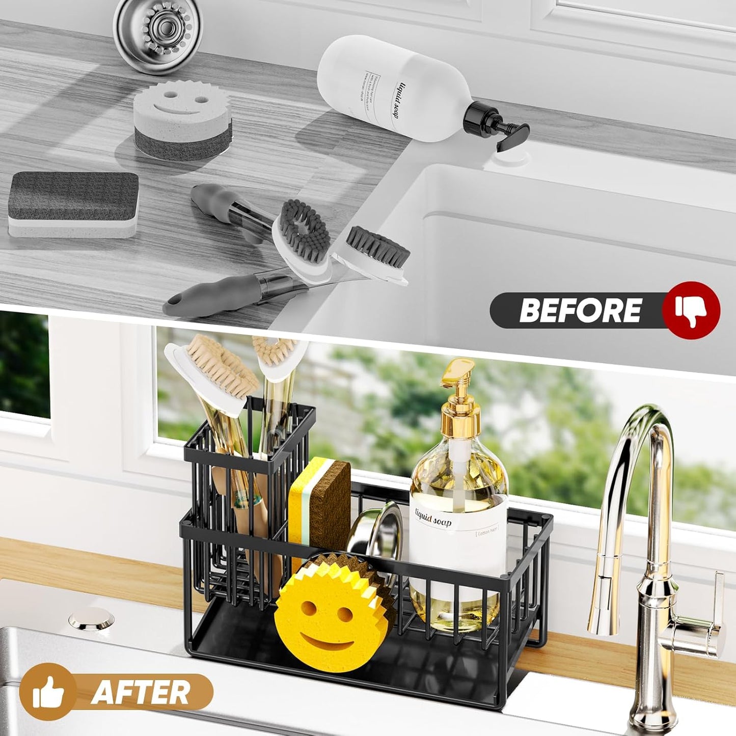 Sponge Holder for Kitchen Sink,Smiley Face Sink Caddy with Removable Brush Holder,Self-Draining Sponge Caddy for Soap,Dish Brush,Scrubber,Kitchen Essentials and Gadgets