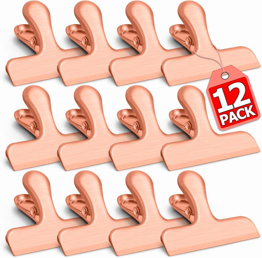 VNDUEEY 12 Pack Stainless Steel Chip Bag Clips, Chip Clips for Food Bags, Air Tight Seal Bag Clip for Snack, Heavy Duty Clip for Office and Kitchen - 3 Inches, Rose Gold