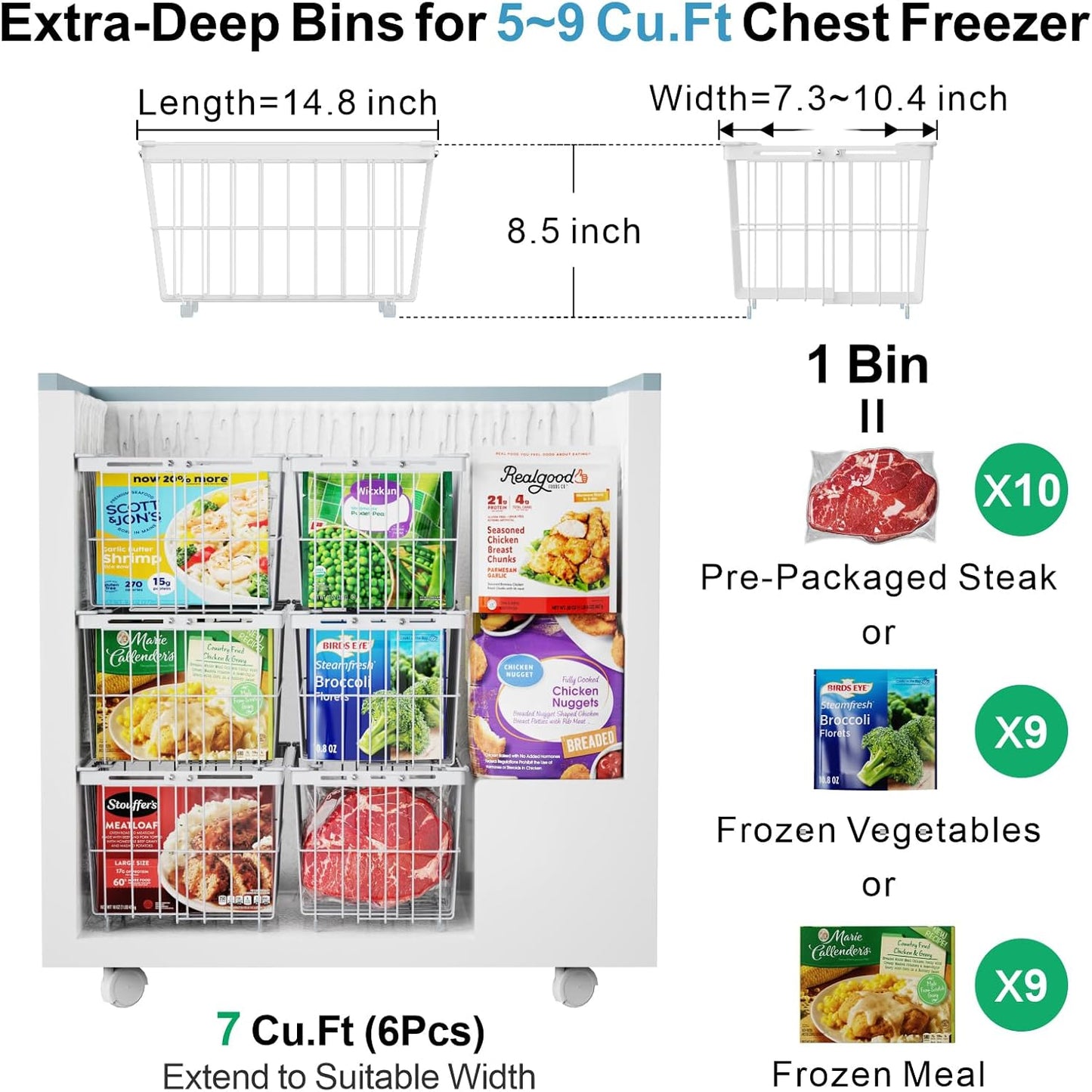 iSPECLE Chest Freezer Organizer Bins - 6 Pack Large Adjustable Freezer Organizer Bins for 5 to 9 Cu.FT Deep Freezer, Easy Access & Stackable Chest Freezer Organizer Hold More Food, White