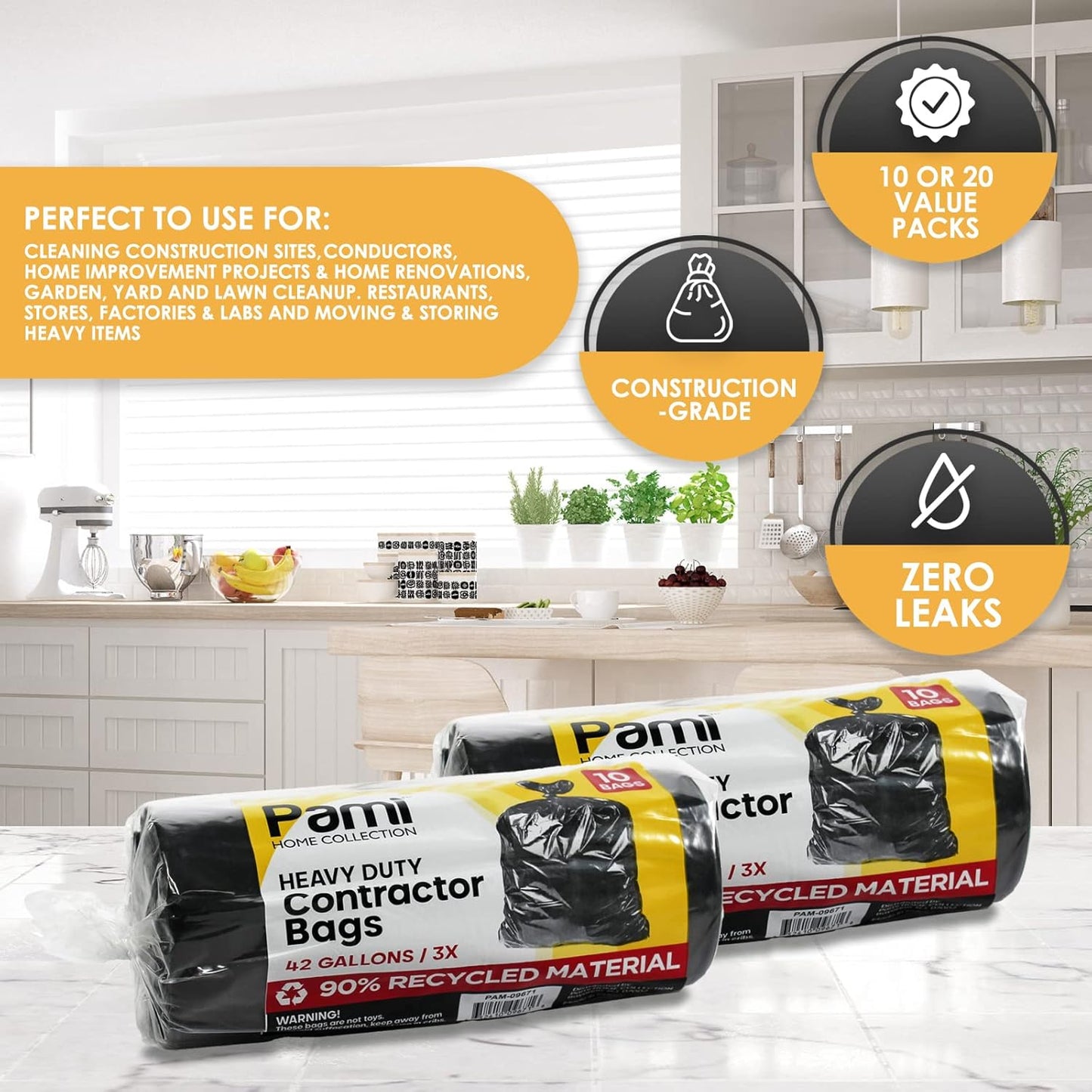 PAMI Heavy Duty 42 Gallon Construction Bags, Tear-Resistant Contractor Garbage Bags for Yard Waste Cleanup (10 Count, Black)