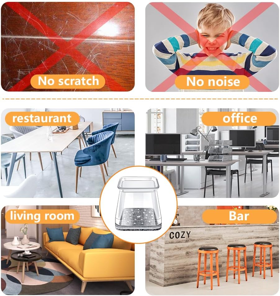 32 Pcs Square Chair Leg Floor Protectors - Silicone & Felt Furniture Pads for Hardwood Floors, Scratch-Resistant Noise-Reducing Chair Leg Caps, Fits Square Legs (1/2'' to 3/4'')