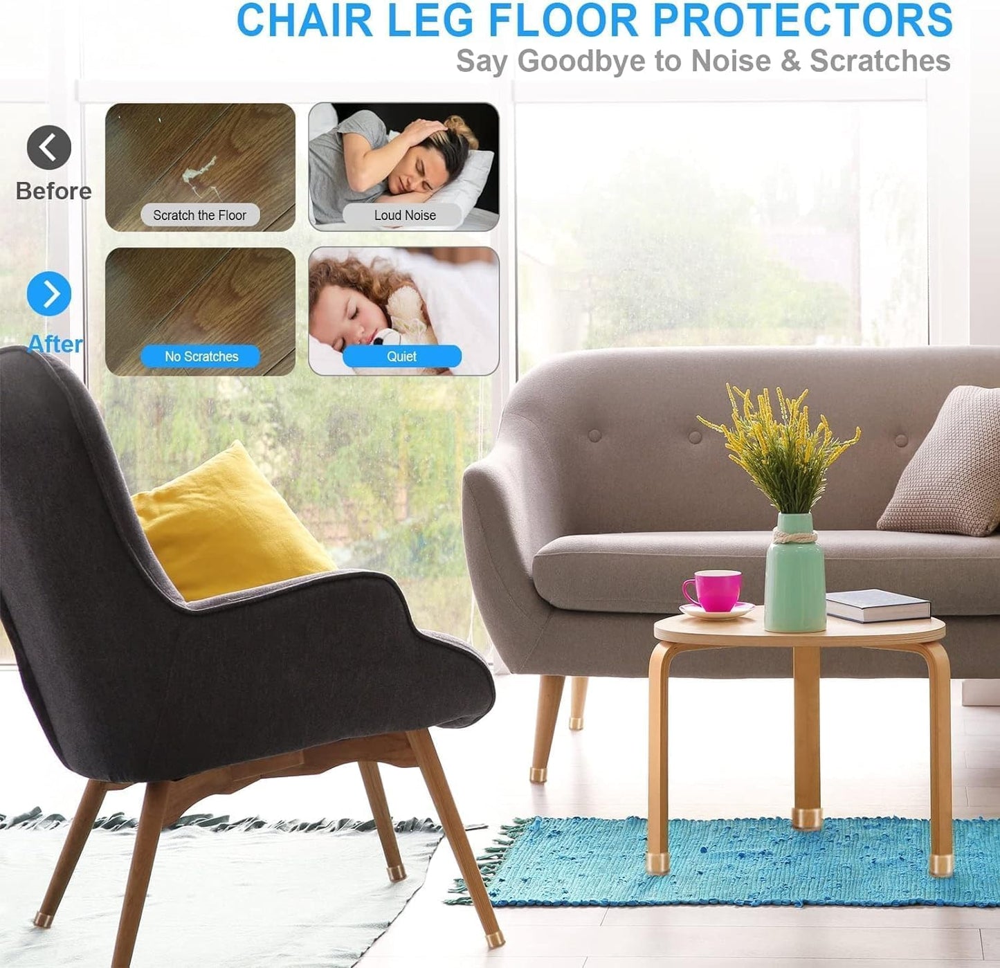 40 Pcs Chair Leg Floor Protectors for Hardwood Floors, Black Rubber Furniture Sliders with Felt, Silicone Furniture Leg Caps Covers (Fit Square Diameter:1.06" to 1.44")