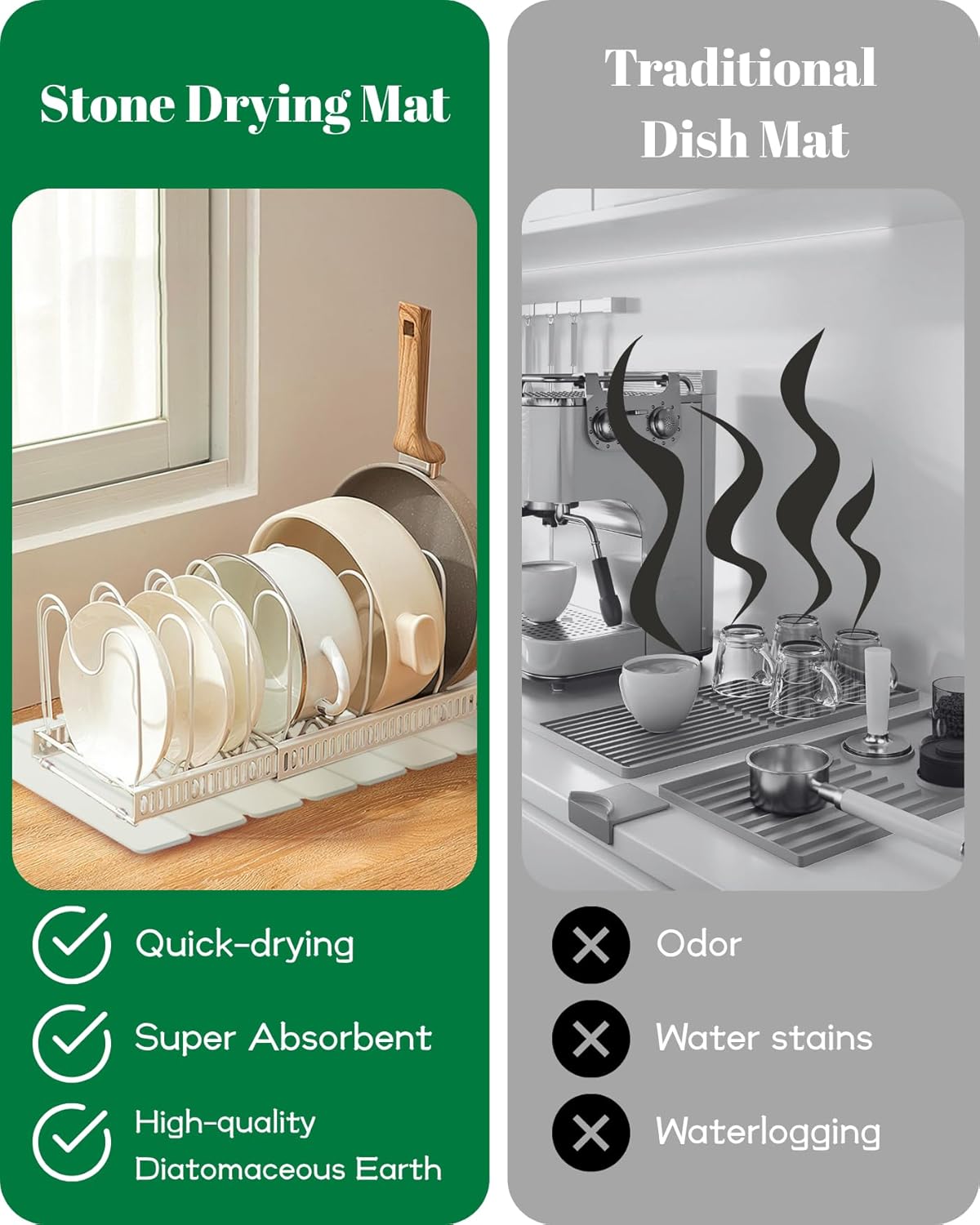 Dish Drying Mat, Diatomaceous Earth Absorbent Quick-Dry, Collapsible Stone Drying Mat for Kitchen Counter, Bath, Countertop, Dishes, Bottles, Cups, with Sandpaper & Non-slip Pad, 23"(L)x15.3"(W)