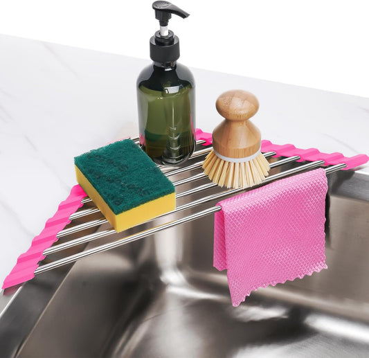 Tomorotec Triangle Roll-Up Dish Drying Rack for Sink Corner - Small, Foldable, Stainless Steel, Multipurpose Kitchen Drainer Caddy, Trivet, Rustproof Organizer, Storage Shelf (Rose)