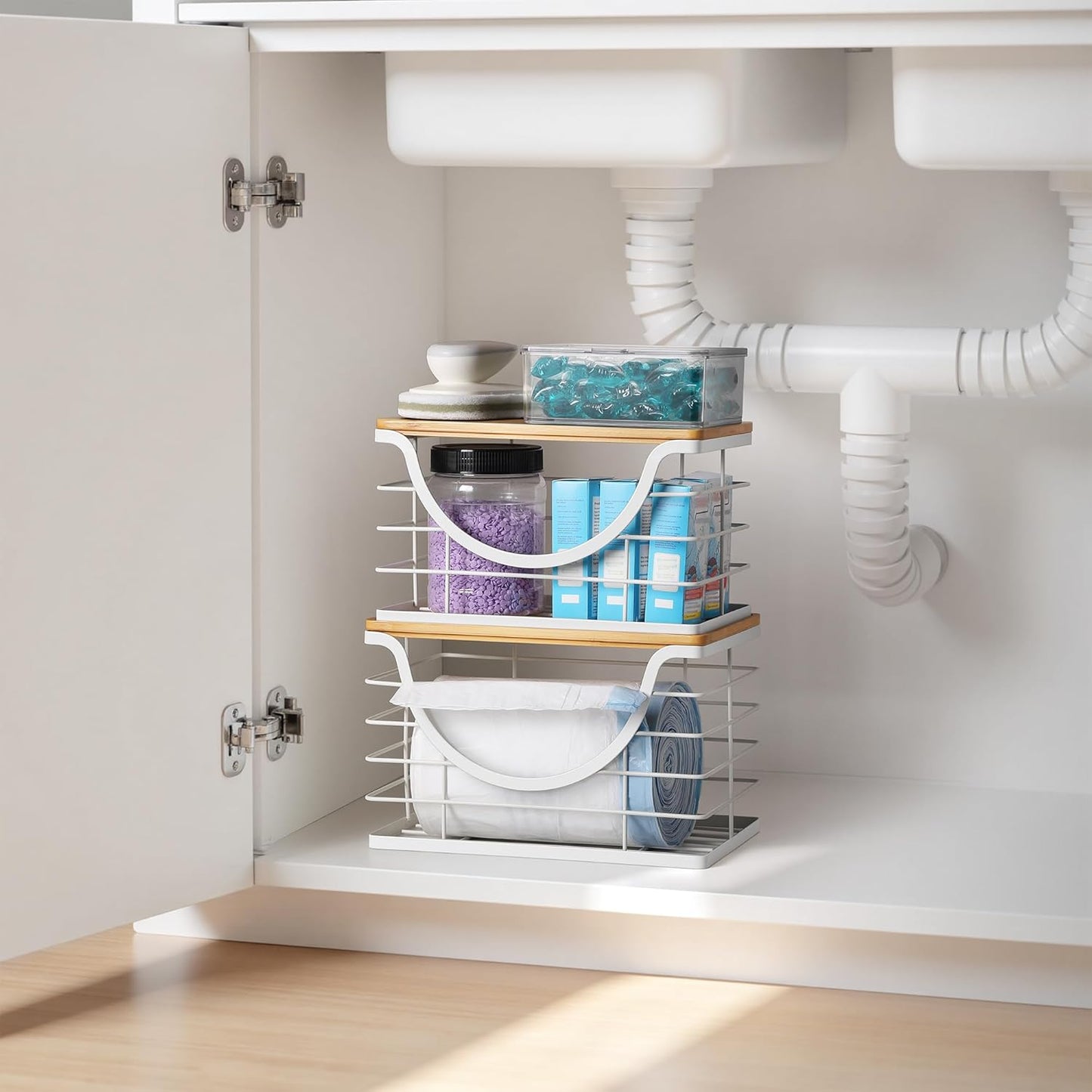 Extra Large Trash Bag Holder Stackable Kitchen Storage White, 2 Pack Wall Mounted Pantry Organizers and Storage with Bamboo Top, Garbage Bag Dispenser Under Sink for Laundry Room and Kitchen