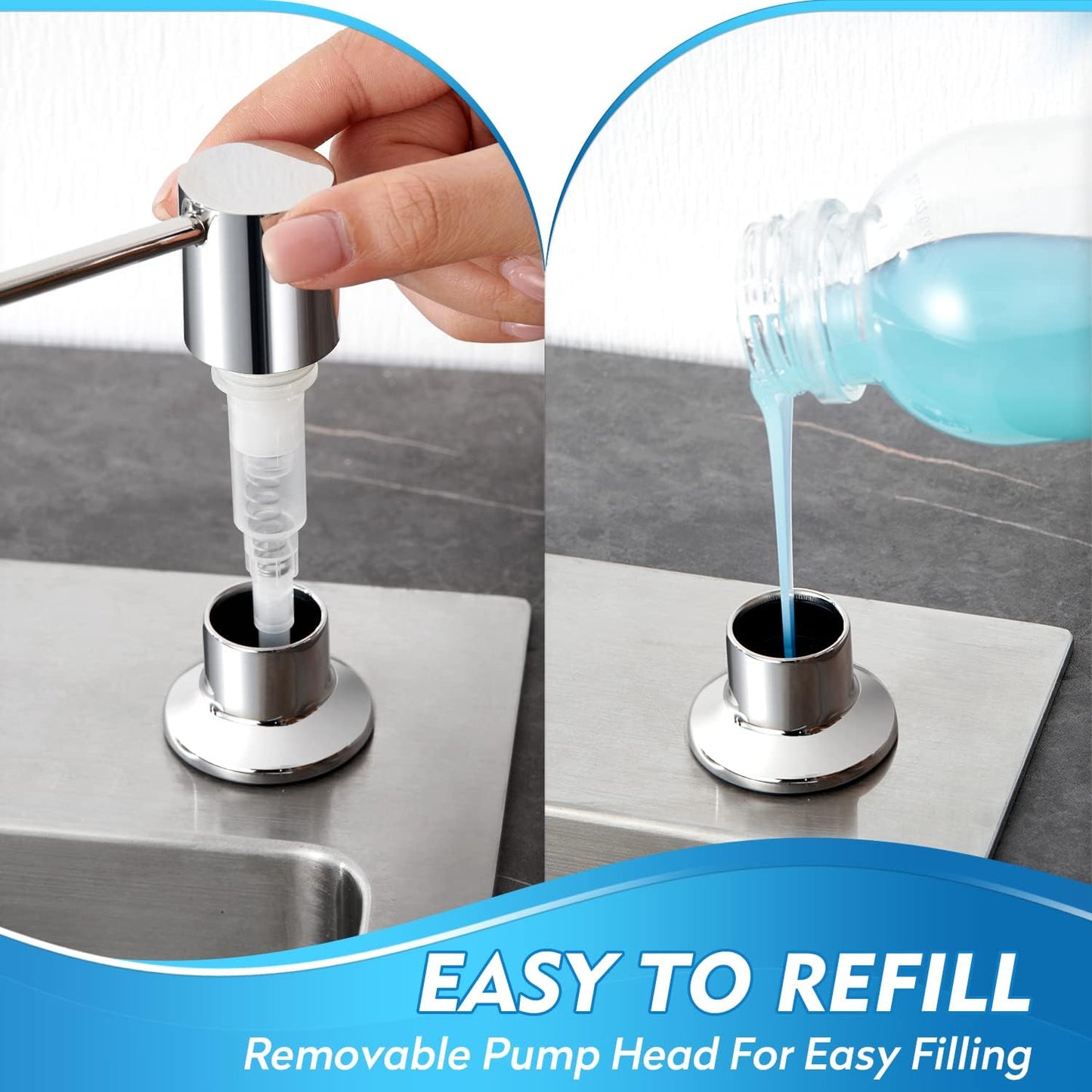 CREA Chrome Built-in Soap Dispenser for Kitchen Sink,Stainless Steel Kitchen Dish Soap Dispenser Pump,in Counter Soap Dispensers Under Sink Mouted Soap Dispenser Set 39" Tube 17oz Large Bottle