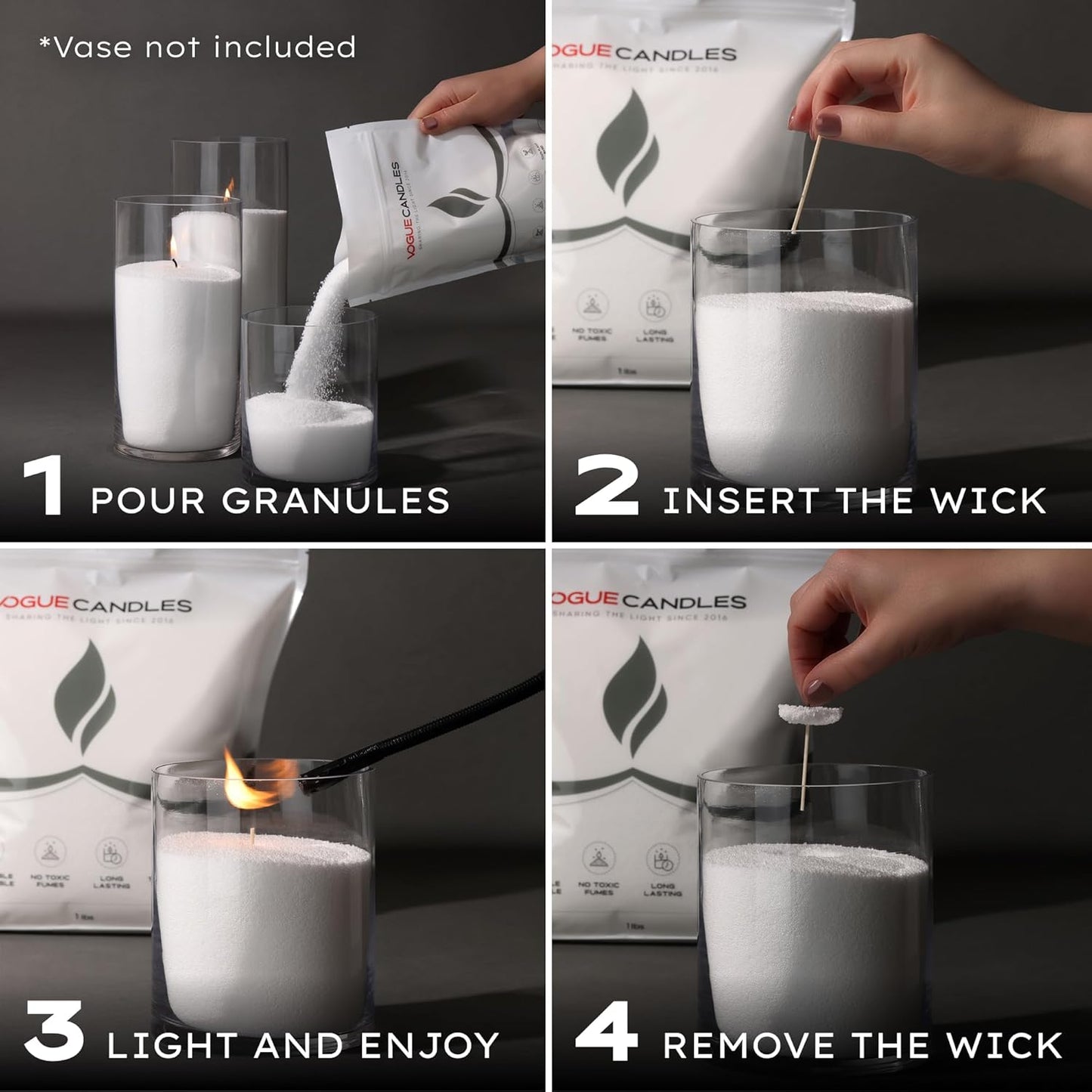 Vogue Candles Granulated Wax Refill - 1lb Plant-Based Granules Pack With 10 Clean Burning Wicks - Long-Lasting Luxury Sand Wax for DIY Candle Making