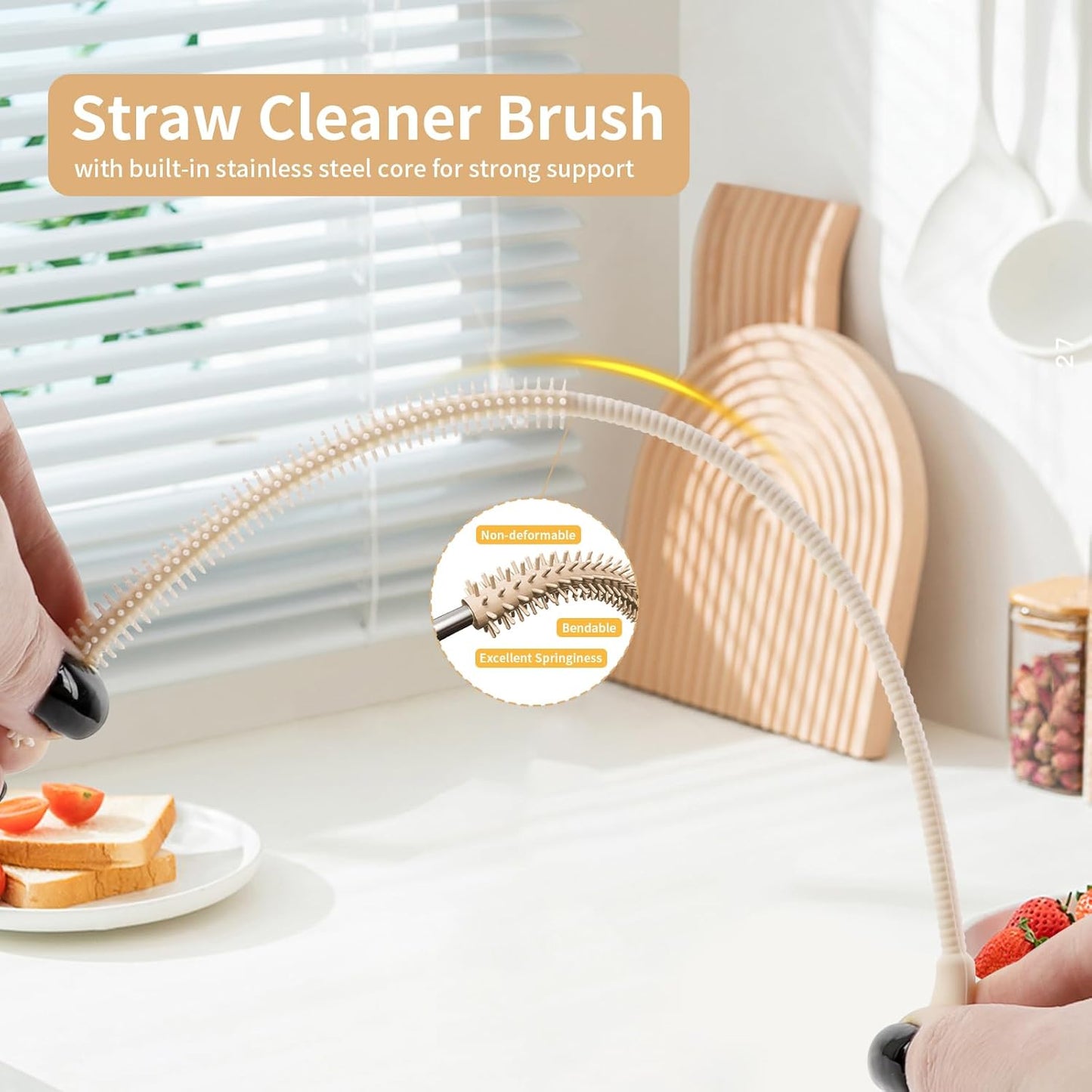 2Pcs Silicone Straw Cleaner Brush, 9.84in Reusable Straw Cleaner with Bendable Steel Core, Extra Long Soft Bottle Brush for Clearing Glass Straws, Smoothie Straws, 9mm&6mm (Beige)