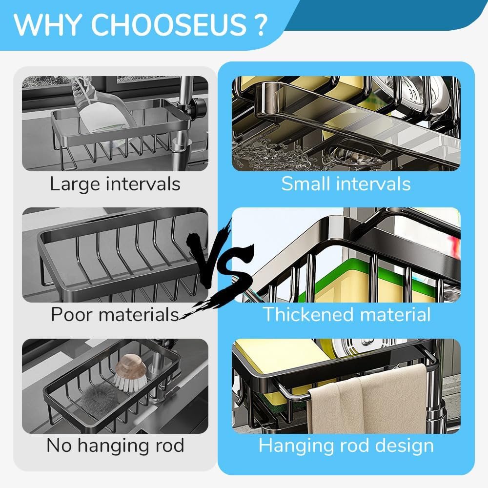 Sink Organizer Rack for Kitchen and Bathroom, 2024 New Kitchen Sink Faucet Organizer with Drip Tray Faucet Sponge Holder (Grey, Left)