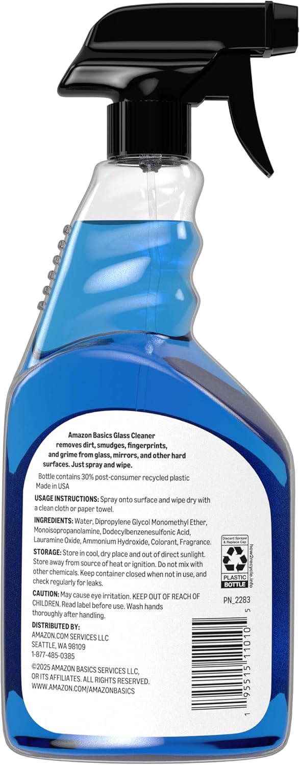 Amazon Basics Glass Cleaner, 32 Fl Oz, Pack of 2 with 1 Sprayer