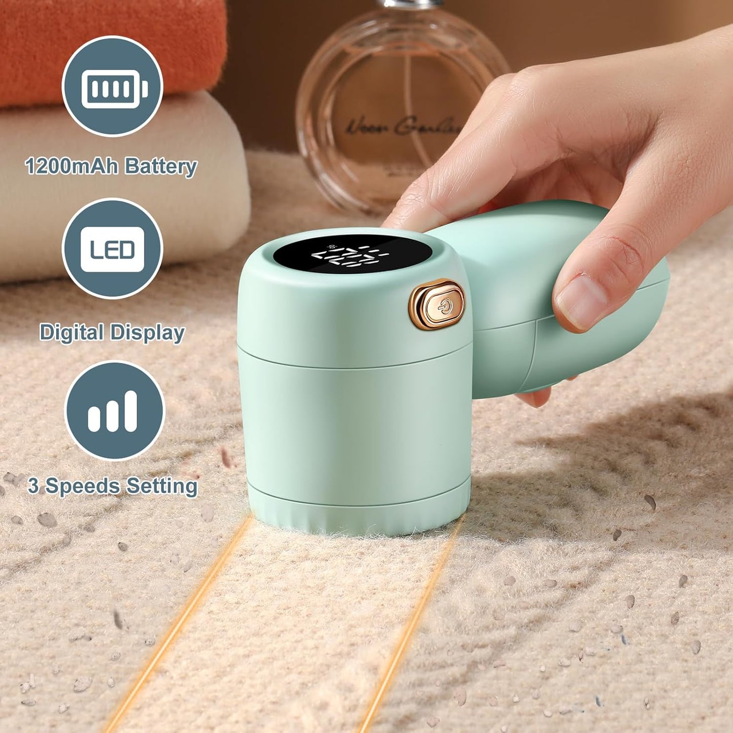 Rechargeable Fabric Shaver,Electric Lint Remover with Digital Display,3-Speeds Sweater Shaver for Clothes and Furniture (Green)