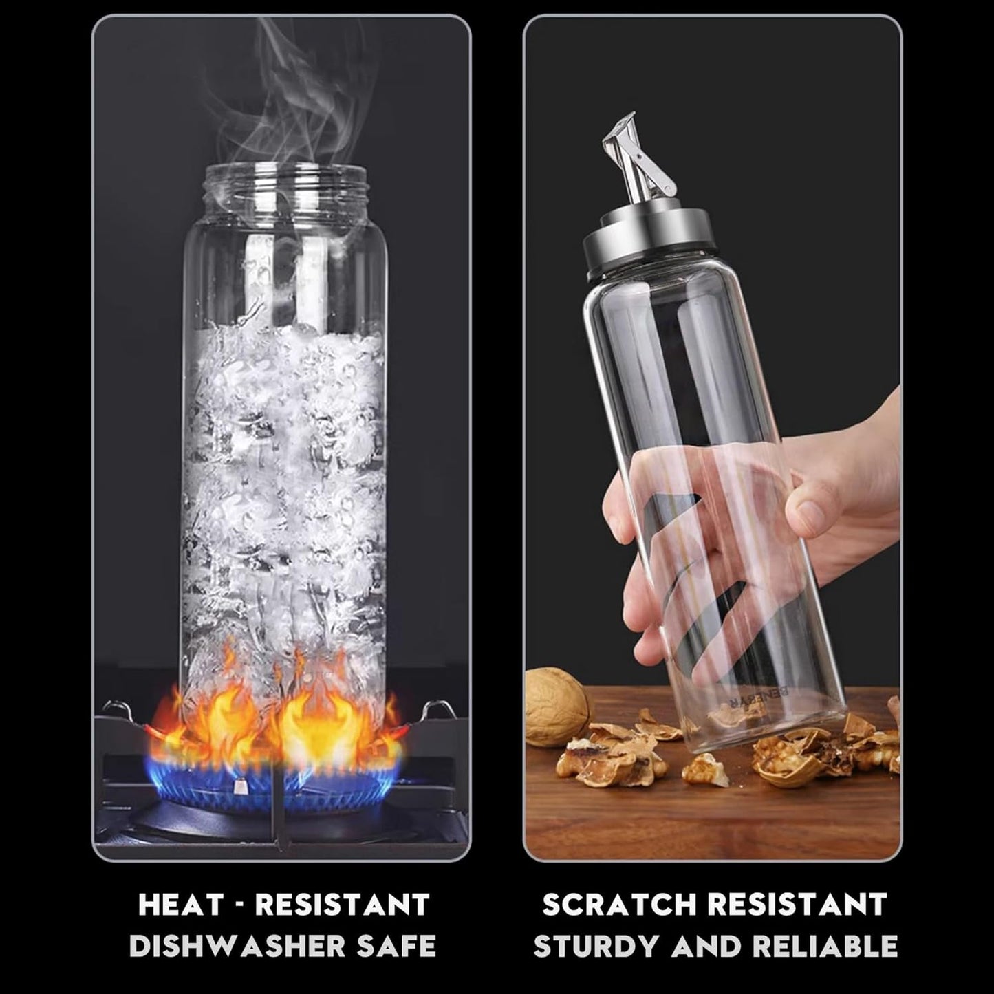 Glass Olive Oil Dispenser Bottle for Kitchen Shatterproof & Leakproof Oil and Vinegar Dispenser Set with Stainless Steel Spout & Rubber Bottom 17 oz Olive Oil Bottle for Cooking, Set of 2