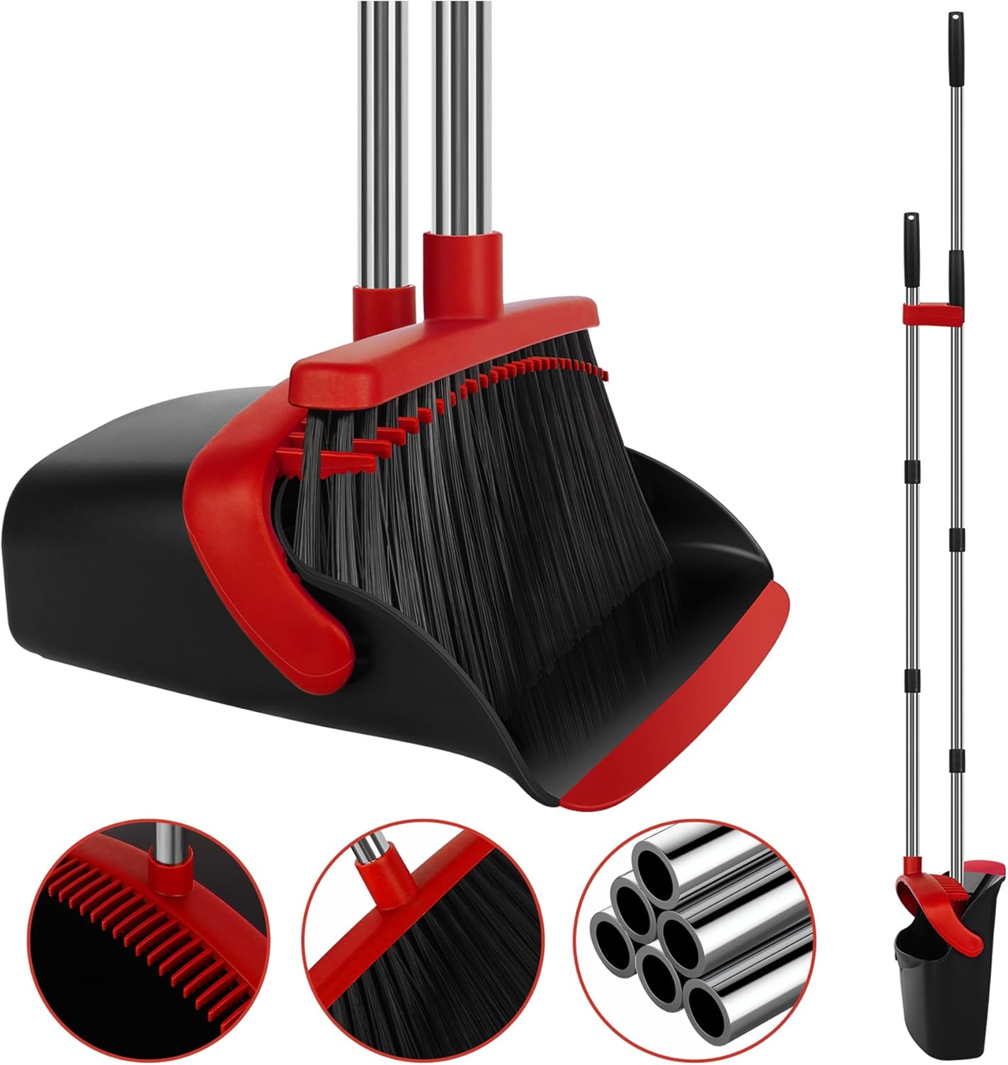 Broom and Dustpan Set, Large Household Broom with Dustpan Combo Set, 55 Inch Long Handle, Red Dust Pan Combo Set for Home