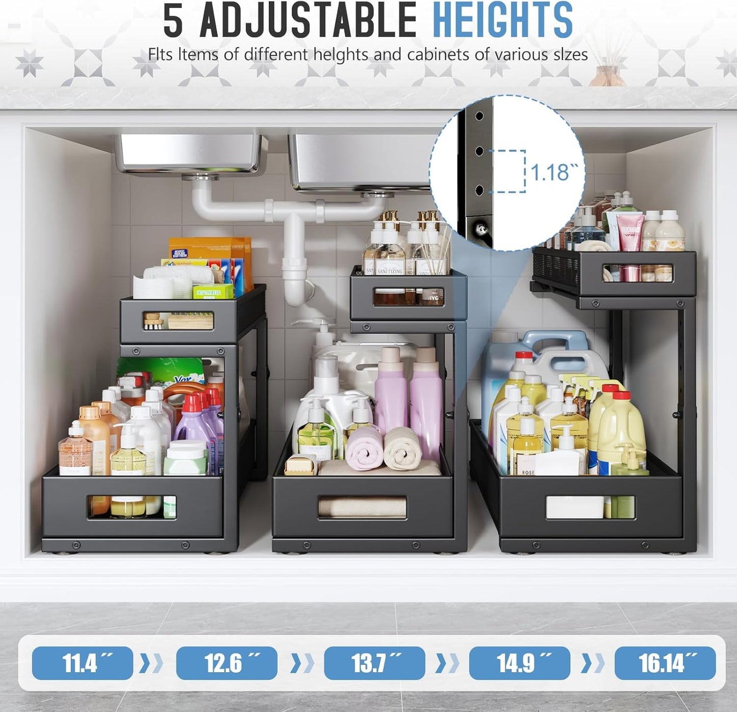 2 Pack 20.47IN Depth Under Sink Storage Organizer, Large 2-Tier Elegant Mesh Pull Out Shelf for Kitchen and Bathroom Cabinet Organization, L-Shaped and Adjustable Height Design-Black