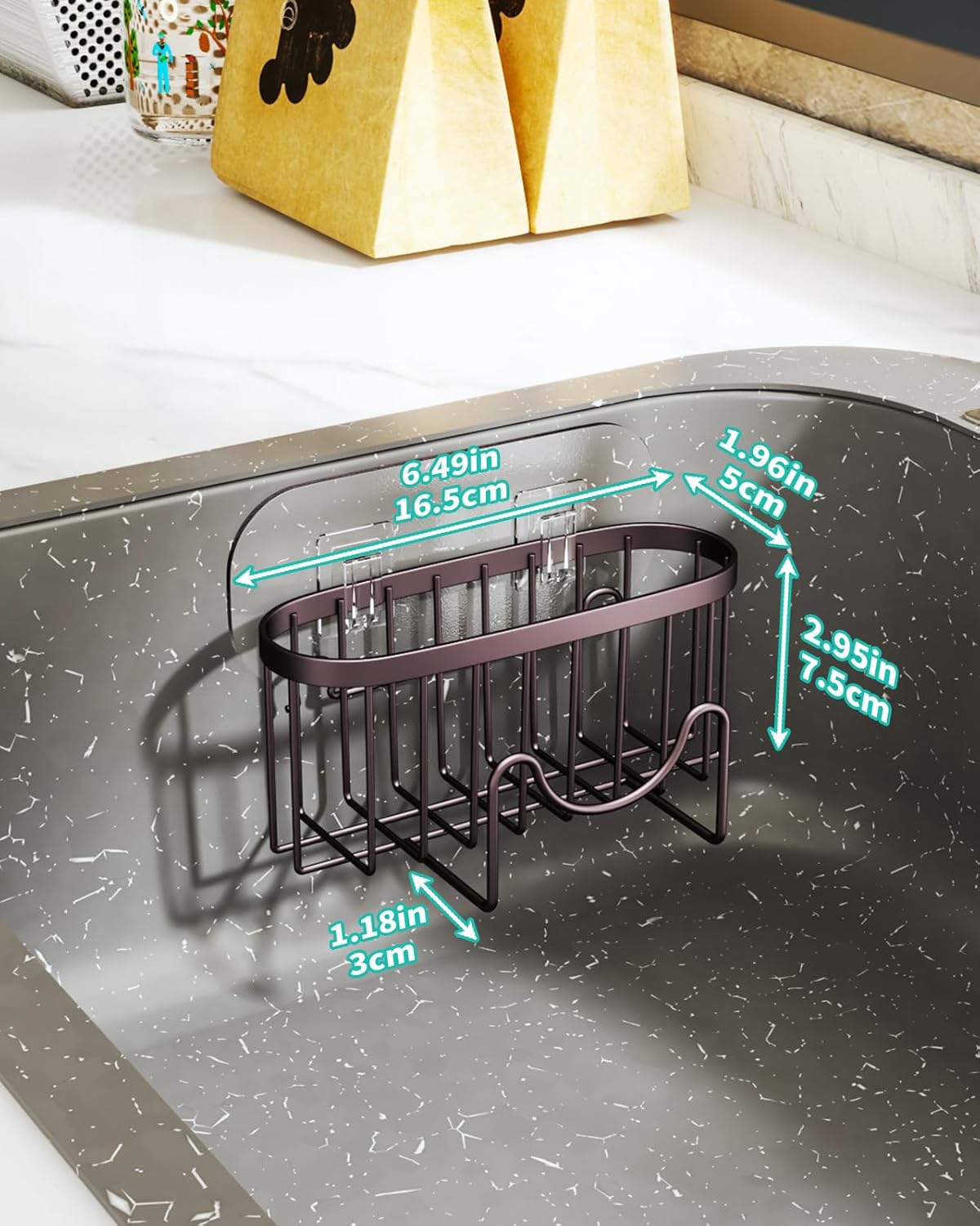 HapiRm Multifunctional Sponge Holder for Kitchen Sink with Unique M-Shaped, 2 Installation Methods Sink Caddy, Stainless Steel Kitchen Organizer for Sponge, Brush, Sink Stopper and Scraper -Bronze