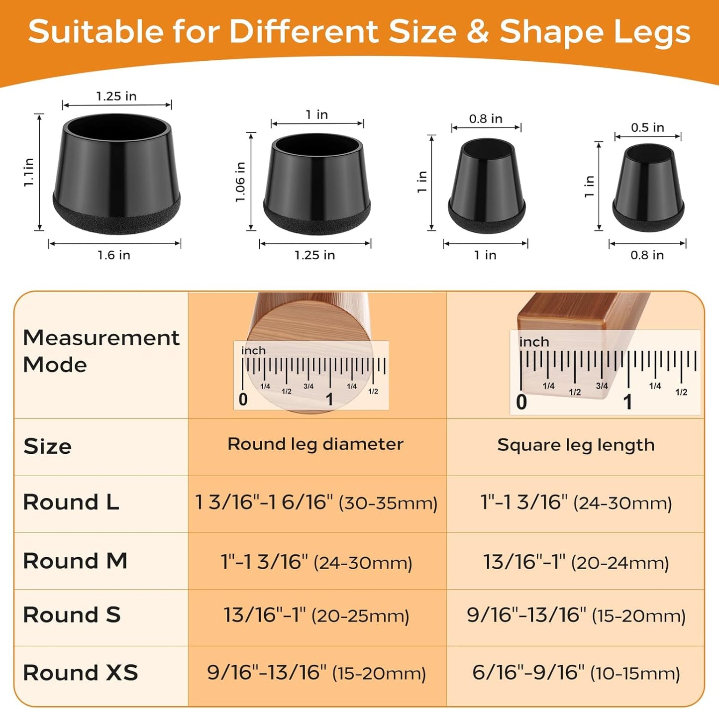 Meldel 24 PCS Silicone Chair Leg Floor Protectors Large (1.2"-1.4") Rubber Felt Furniture Pads Chair Legs Caps/Covers for Hardwood Floors, Tile from Scratches & Reduce Noise - Round, Black