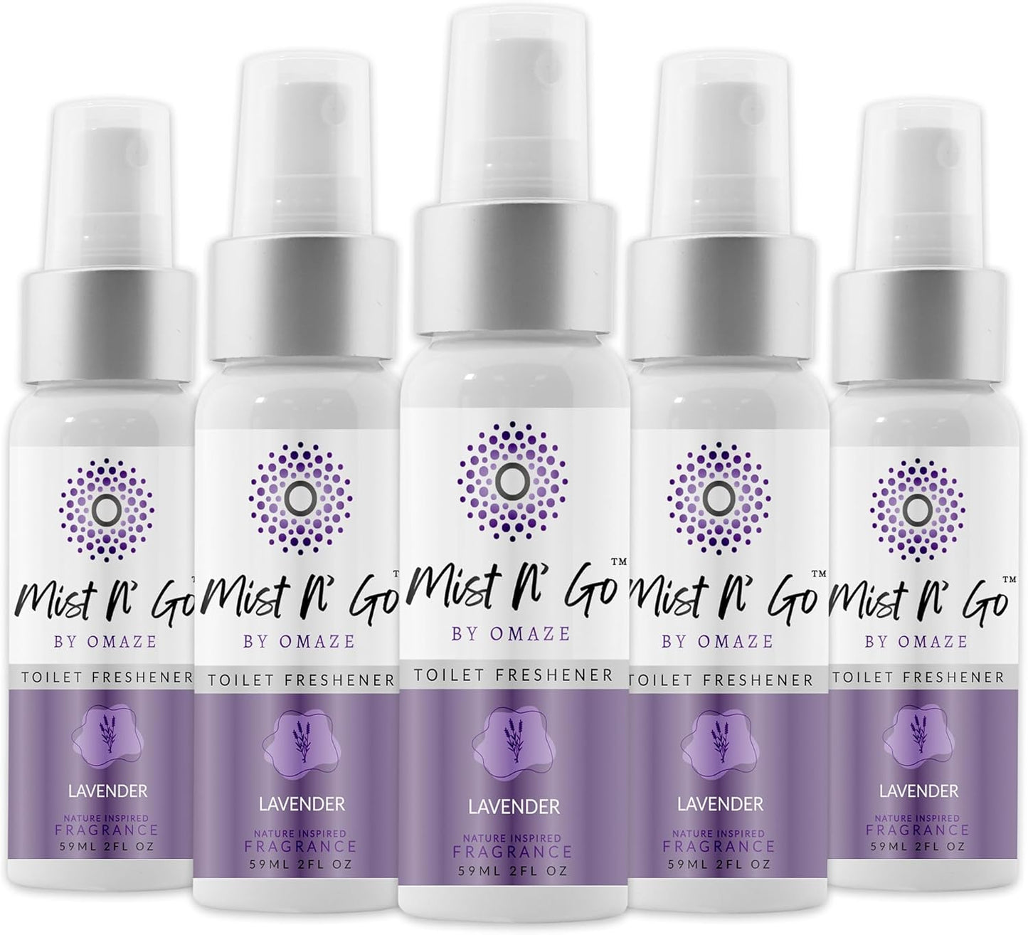 Mist N’ Go by Omaze Travel Bathroom Spray for Toilet Spray Odor Eliminator - Travel Toilet Spray for Bathroom Air Freshener Spray for Bathroom Deodorizer - Lavender Regular Size (2oz x5)