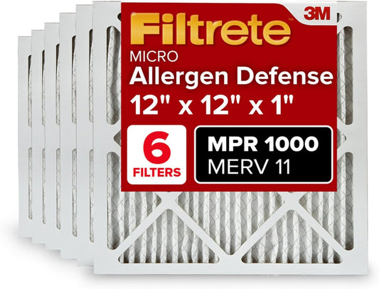 Filtrete 12x12x1 AC Furnace Air Filter, MERV 11, MPR 1000, Micro Allergen Defense, 3-Month Pleated 1-Inch Electrostatic Air Cleaning Filter, 6 Pack (Actual Size 11.81x11.81x0.81 in)