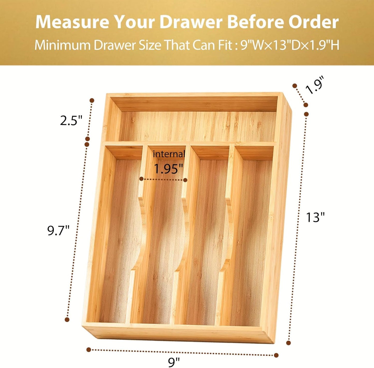 Umilife Bamboo Kitchen Drawer Organizer, 9 Inch Silverware Utensils Tray Holder for Small Drawer, Wood Caddy for Flatware Cutlery Knives
