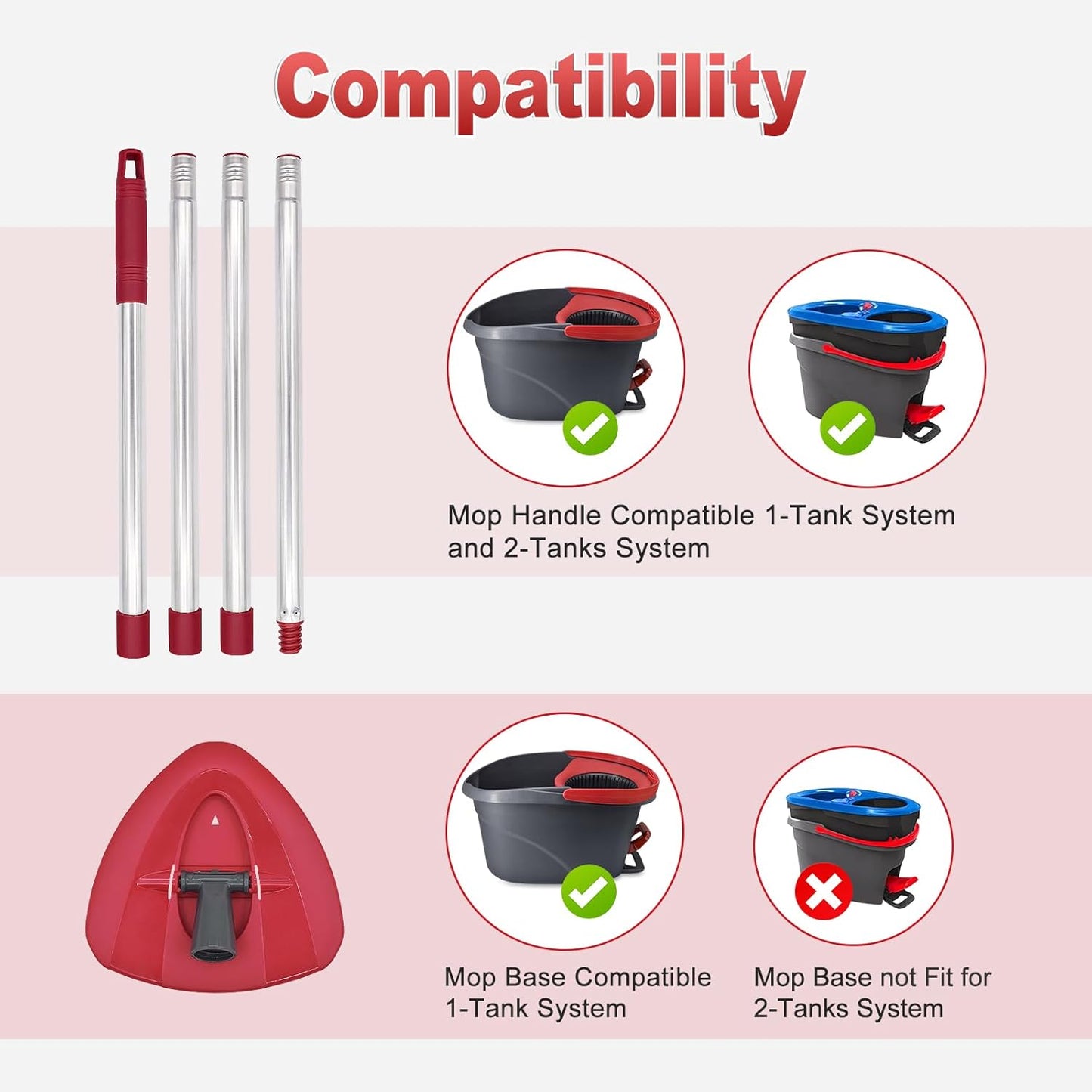 Mop Handle for Ocedar, Mop Handle for O Cedar, Spin Mops Replacement Stick and Base for Ocedar, 4-Section Mops Handles and Base for O Cedar, 30" to 58" Mop Stick Pole and Base for Cedar Mop