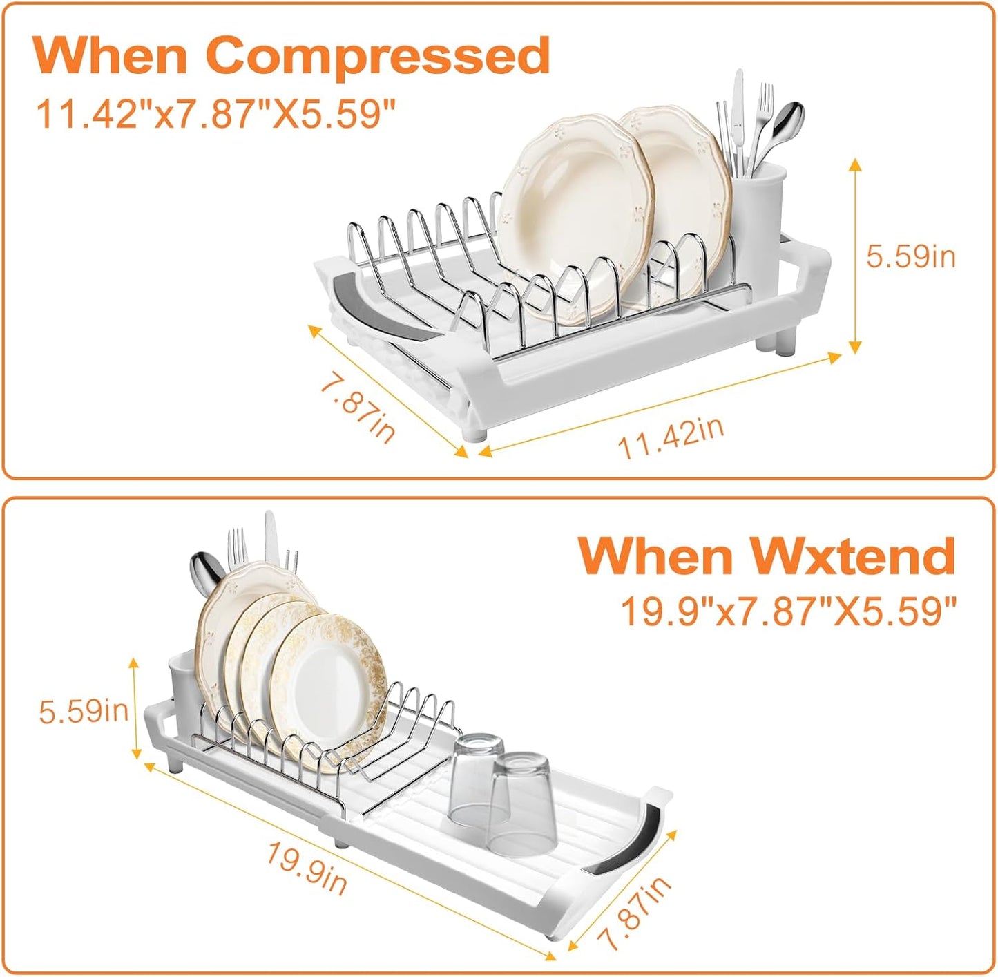 Dish Drying Rack Compact Expandable - A Space-Saving, Stainless Steel, Rust-Resistant Dish Drainer for Kitchen and Apartment Countertops/Sink Cabinets, Extendable from 11.42 to 19.9 inches (White)