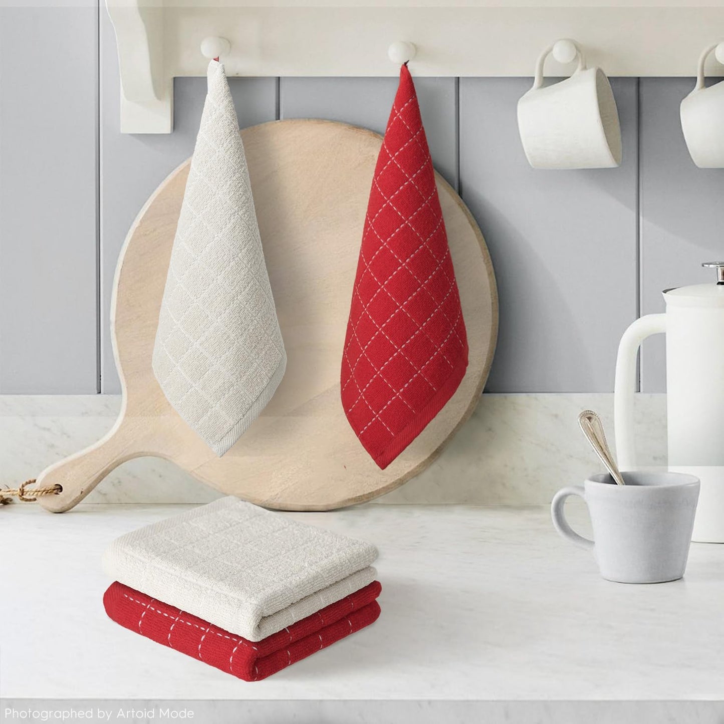 Artoid Mode Checkered Designed Cotton Beige Red Terry Kitchen Dish Cloths, 12x12 Inch Soft Absorbent Quick Drying Cleaning Kitchen Rags Set of 6