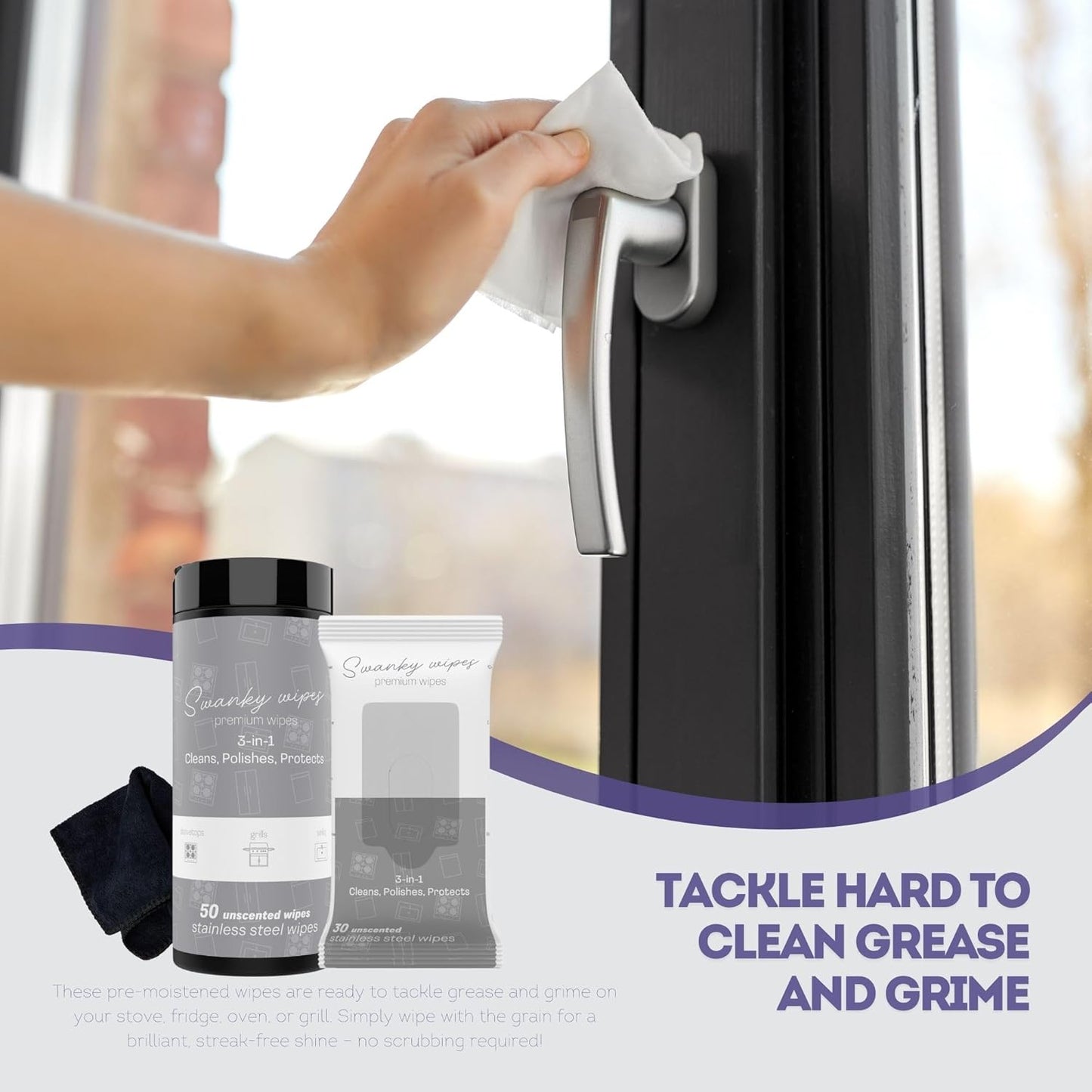 Swanky Stainless Steel Cleaner Wipes Bundle - Grime & Grease Remover Kitchen Cleaning Supplies - Clean & Shine for Stove, Refrigerator, Sink, Oven & Appliances - Soft Wipes (30 Ct) & Canister (50 Ct)