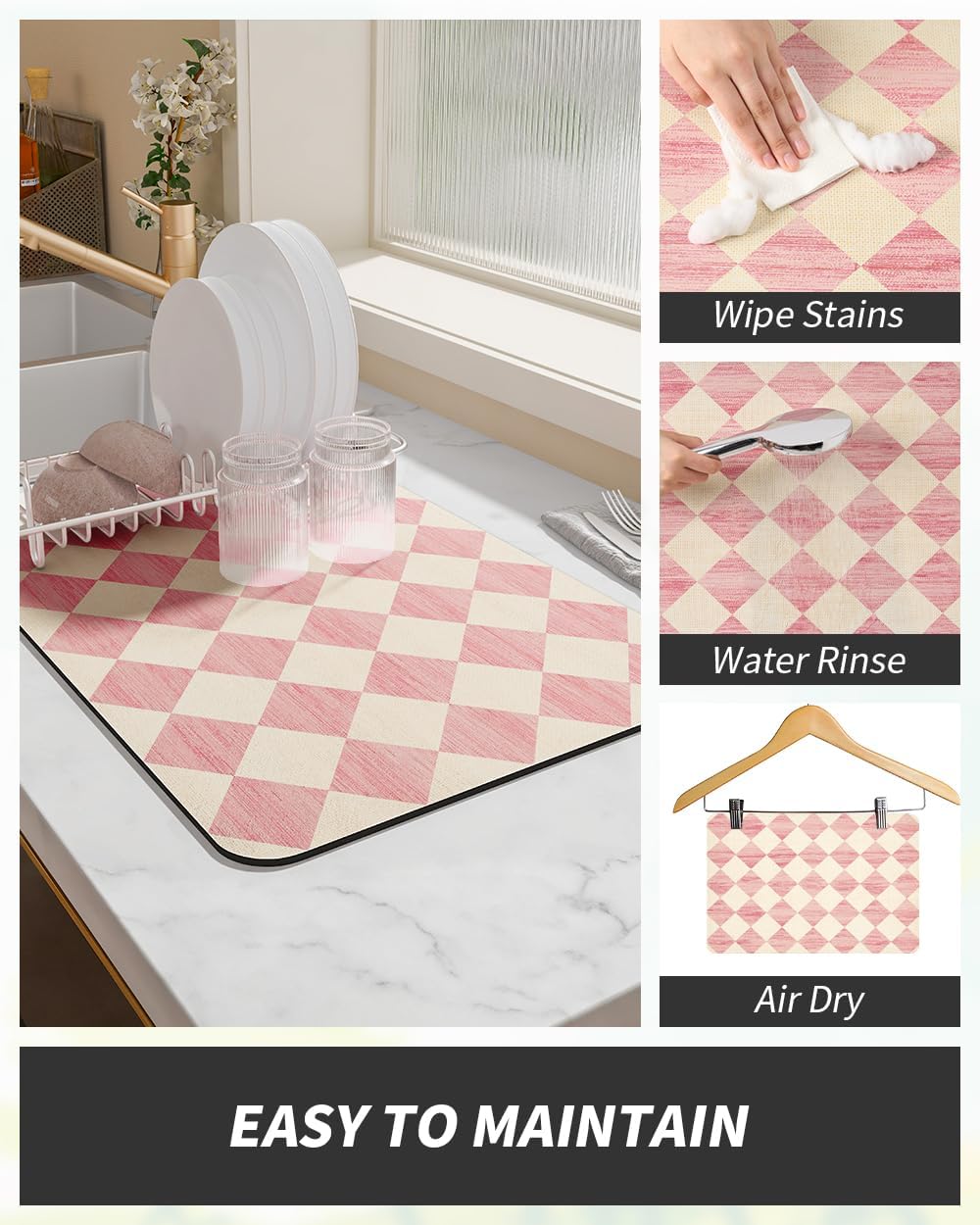 AMOAMI Coffee Mat Hide Stain Rubber Backed Absorbent Dish Drying Mat for Kitchen Counter - Fits Under Coffee Maker or Machine - PINK 12X19