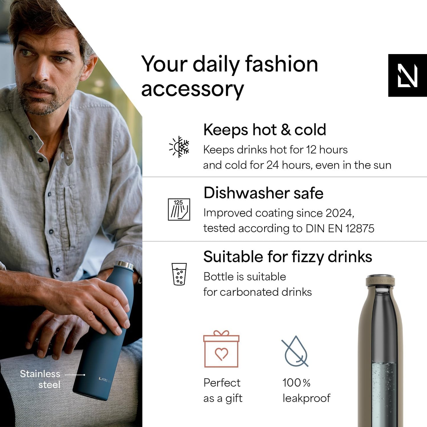 LARS NYSØM Stainless Steel Insulated Water Bottle 12oz 17oz 25oz 34oz 51oz | Insulated Thermo Flask for Hot and Cold Beverages | Leakproof Drinking Bottle (Taupe Brown, 33.9 oz)