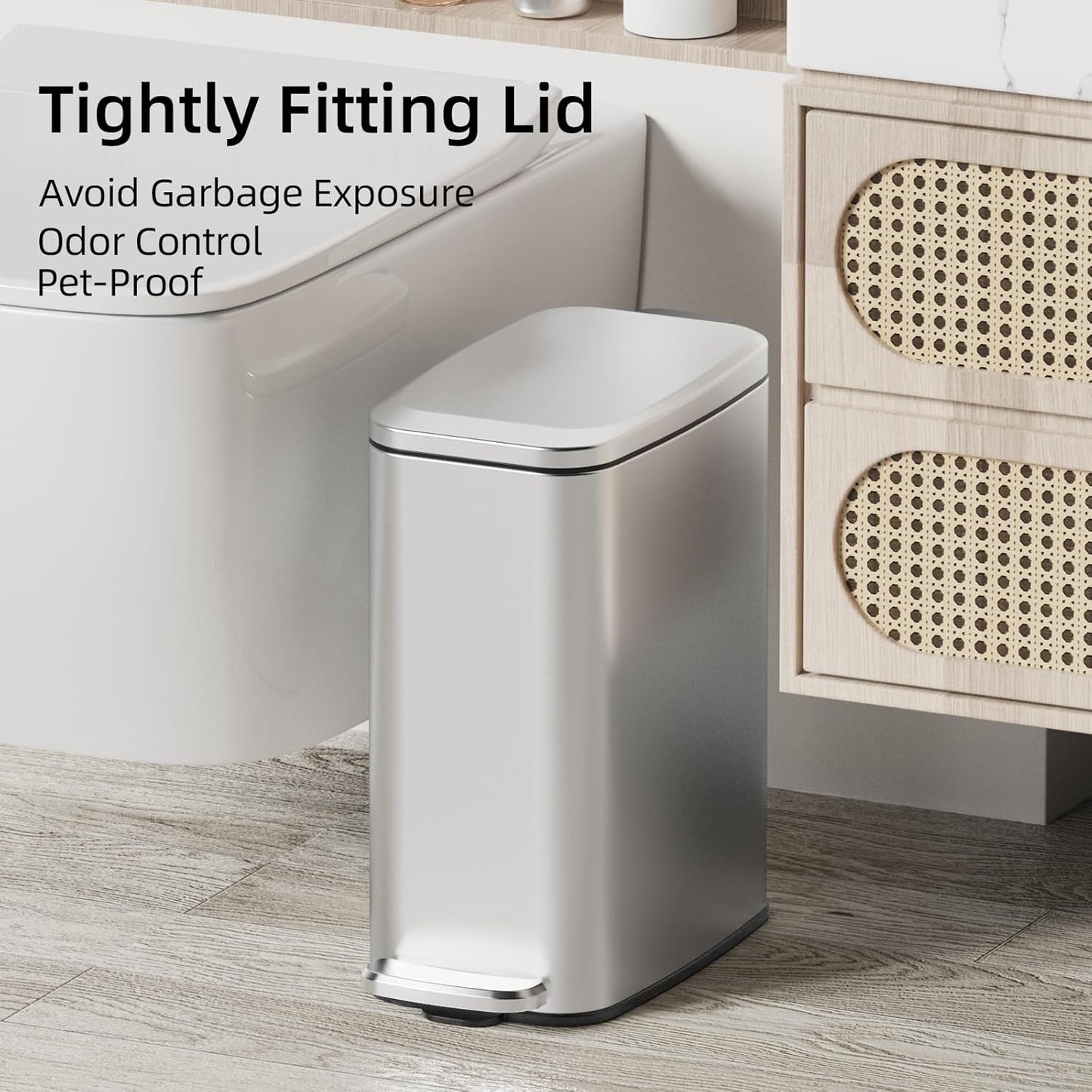 KUK Slim Bathroom Trash Can with Lid, 1.6 Gal / 6L Stainless Steel Small Garbage Bin with Detachable Inner Bucket, Step Pedal, Silent Close, Wastebasket for Toilet, Bedroom, Home, Office (Silver)