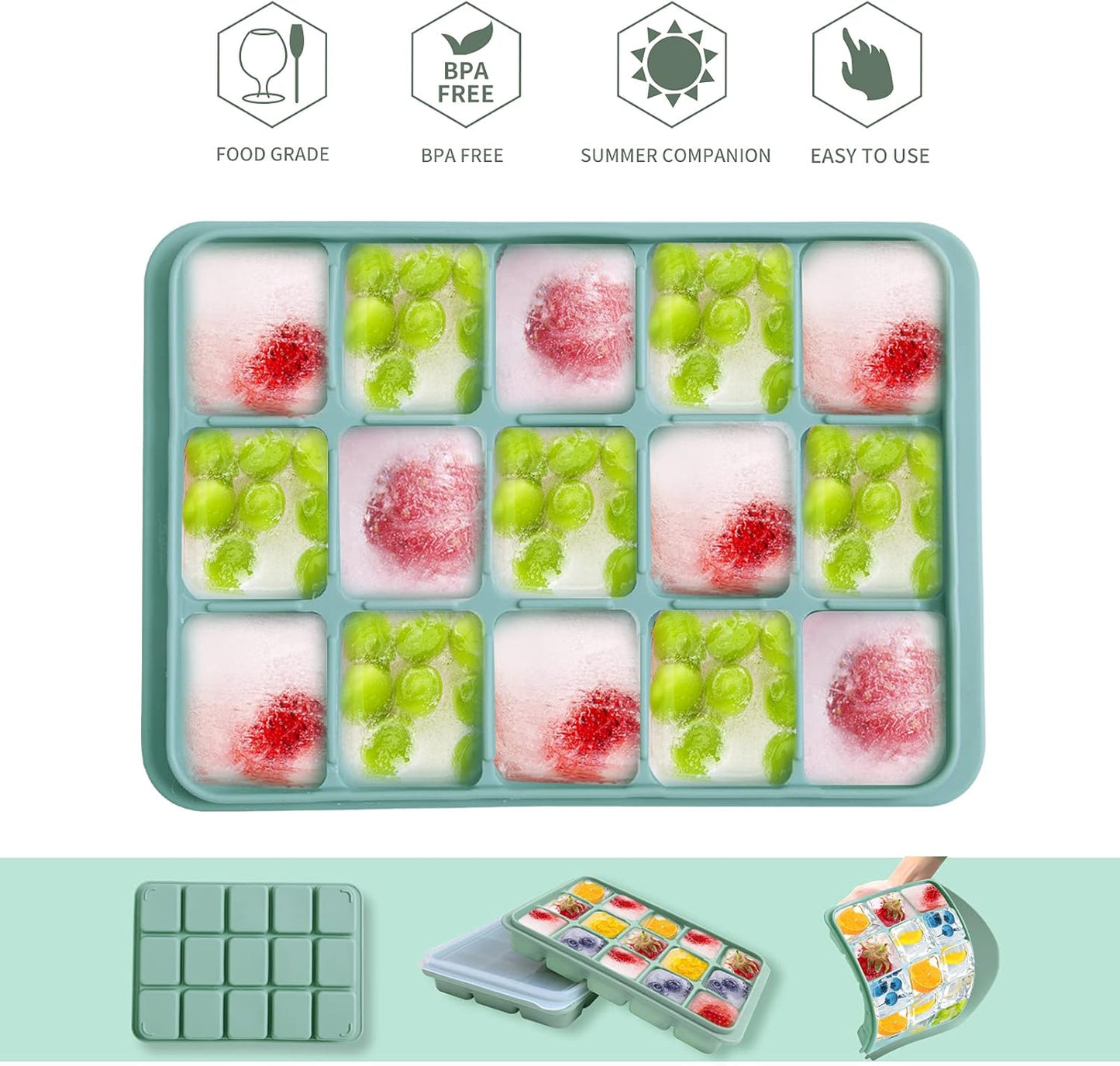 Ice Cube Trays Set of 2, Easy Release 15 Flexible Silicone Ice Cube Molds with Removable Lid Reusable Freezer Ice Trays Stackable for Whiskey, Baby Food, BPA Free (GREEN+GRAY)