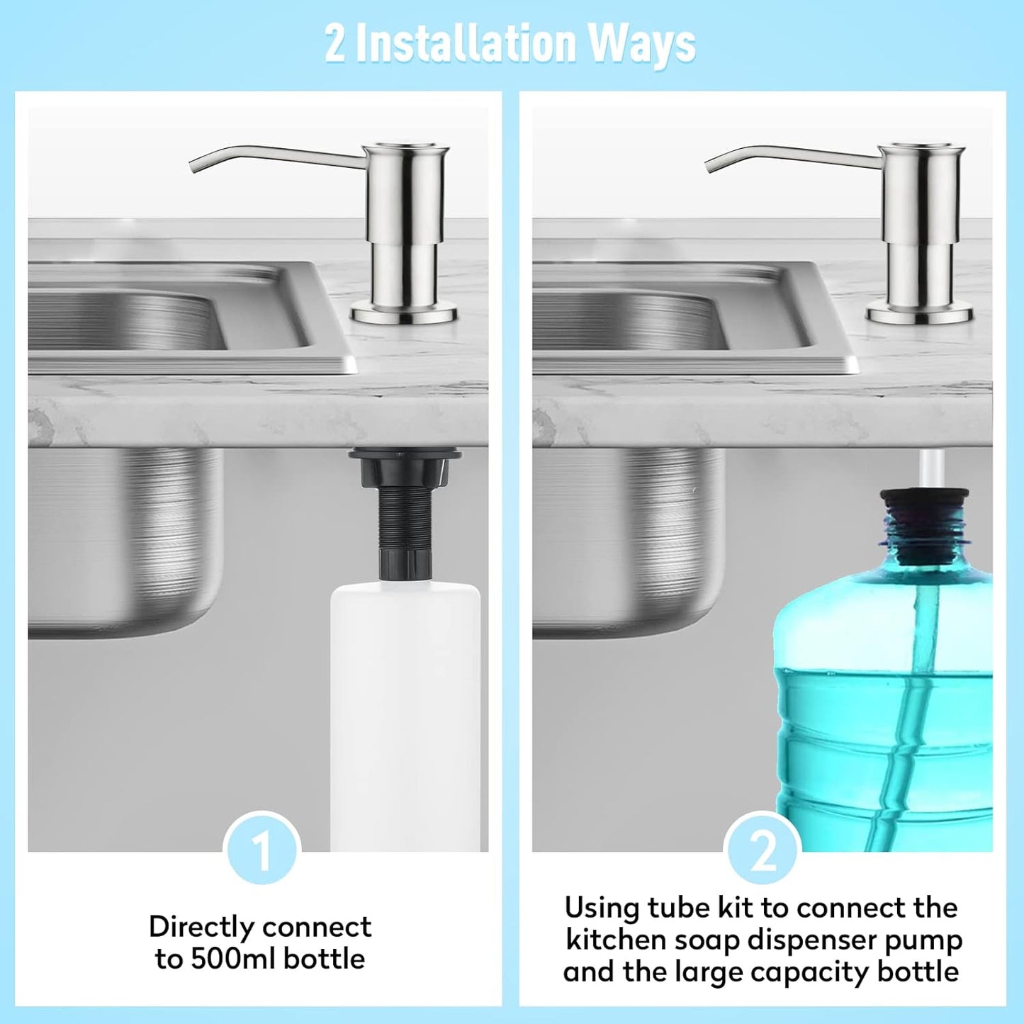 CREA Kitchen Sink Soap Dispenser Countertop for Kitchen Sink, Stainless Stee Built in Sink Soap Dispenser Brushed Nickel for Bathroom with 39" Tube Large Capacity 17 OZ Bottle