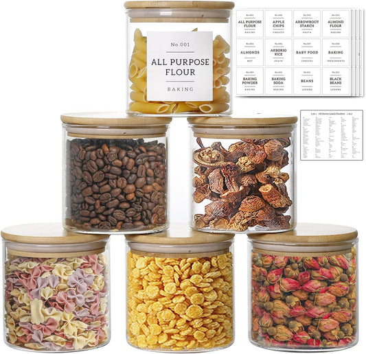 20 OZ Glass Food Storage Jars with 132 Pantry Labels Preprinted - 6 Pcs Thicken Glass Storage Containers with Airtight Bamboo Lid - Clear Kitchen Canister for Spice, Tea, Coffee, Sugar, Cookie, Candy