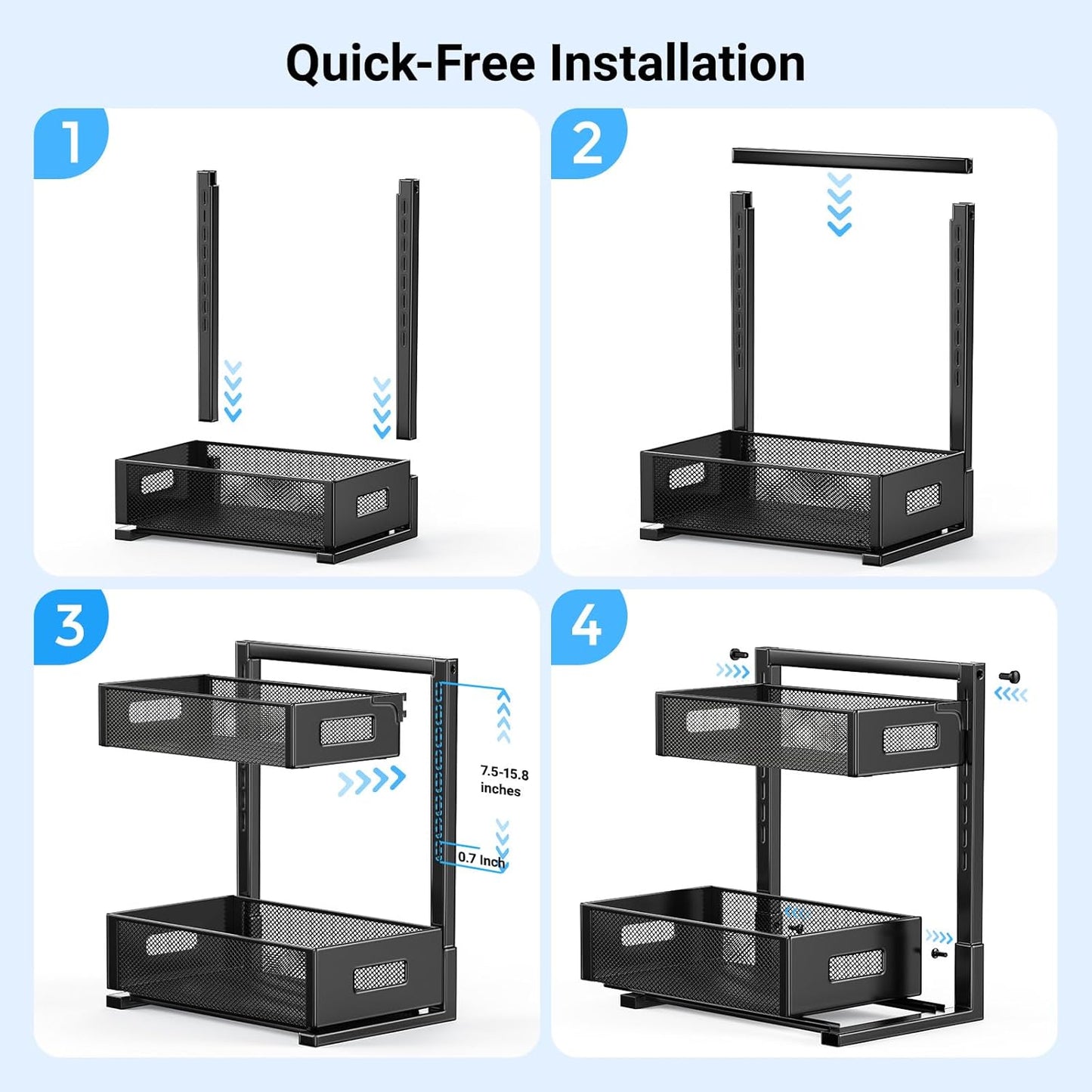 Under Sink Organizer, Metal Under Sink Organizers and Storage, Slide Out Pull Out Cabinet Organizer for Kitchen, Bathroom, Pantry, Laundry, Study, Black