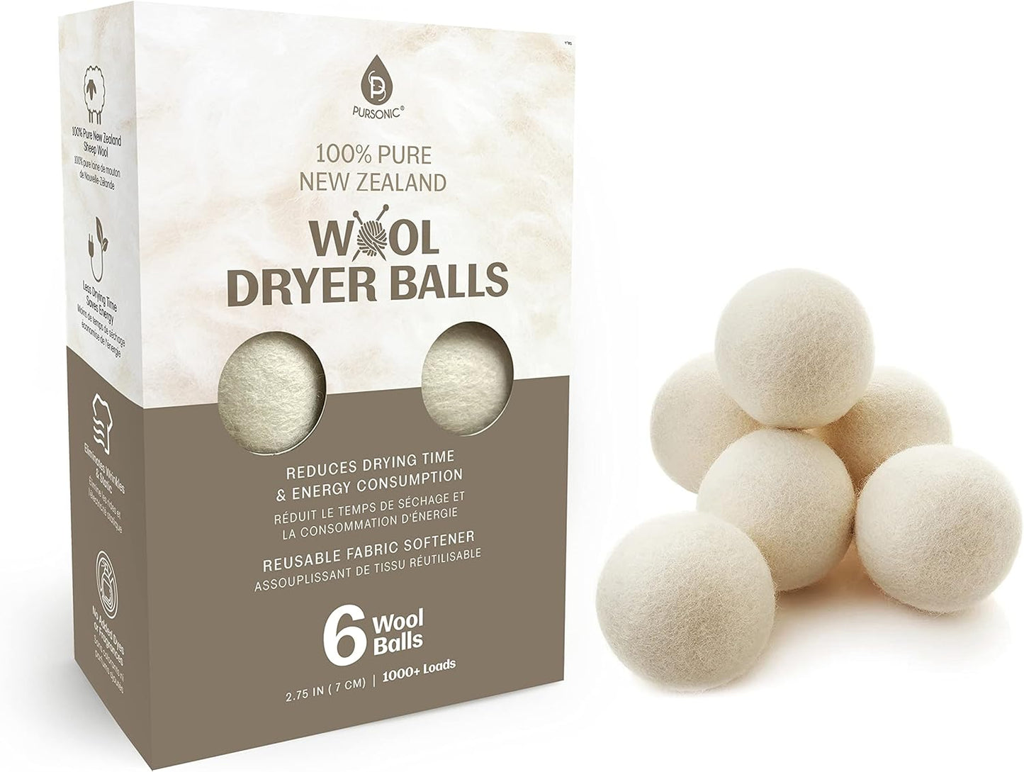 Pursonic Laundry Wool Dryer Balls – Reusable Dryer Balls Made from 100% Pure New Zealand Wool – Natural Fabric Softener Balls - Saves Drying Time/Energy Consumption (Pack of 6)