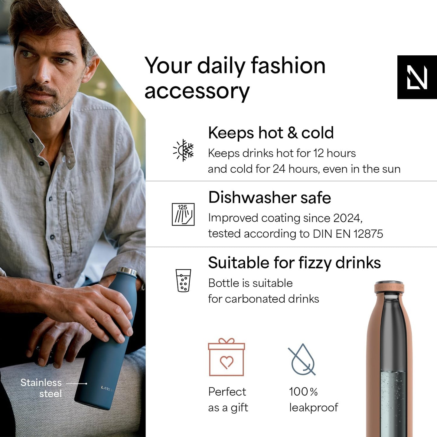 LARS NYSØM Stainless Steel Insulated Water Bottle 12oz 17oz 25oz 34oz 51oz | Insulated Thermo Flask for Hot and Cold Beverages | Leakproof Drinking Bottle (Blush Rose, 33.9 oz)