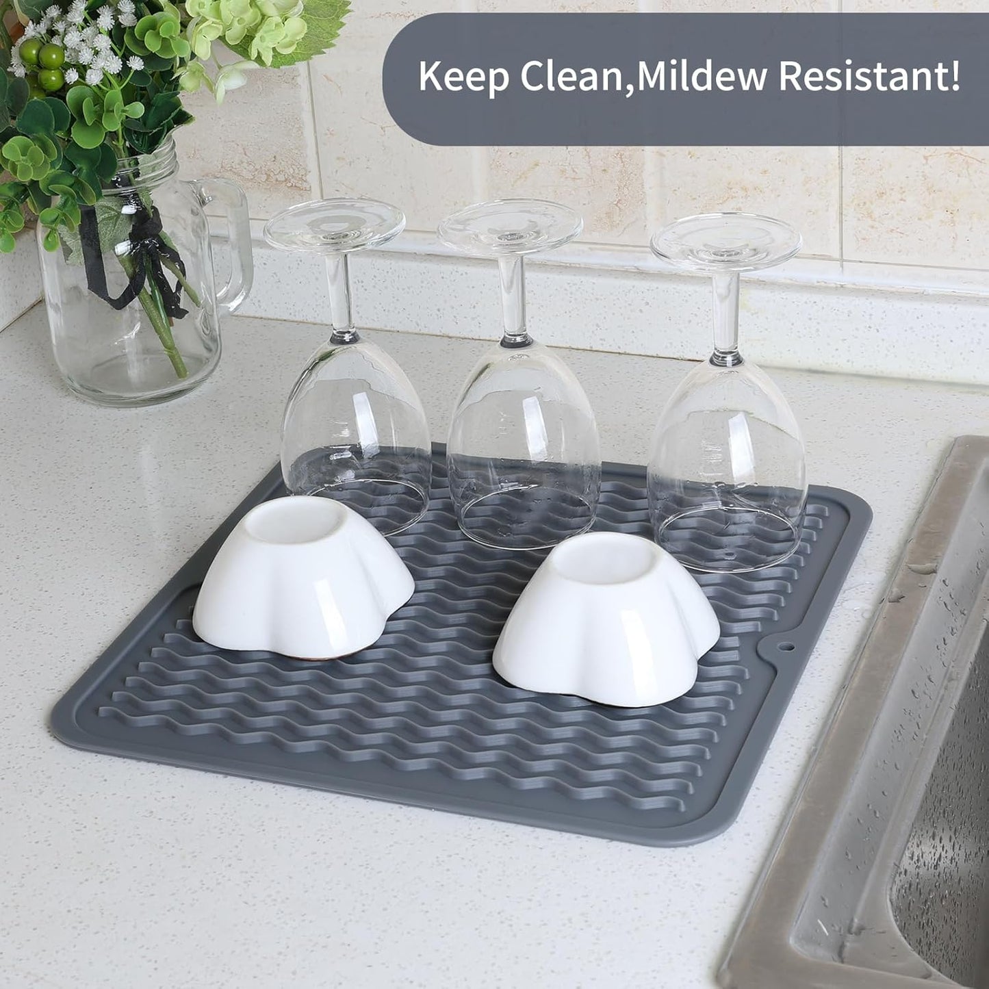 ZLR 2 Pcs Silicone Dish Drying Mats for Kitchen Counter, Eco-Friendly Fast Dry Dish Mat, Easy Clean Multi Usage Drying Matt, Heat Resistant Trivet, 12" x 12" Middle, Gray