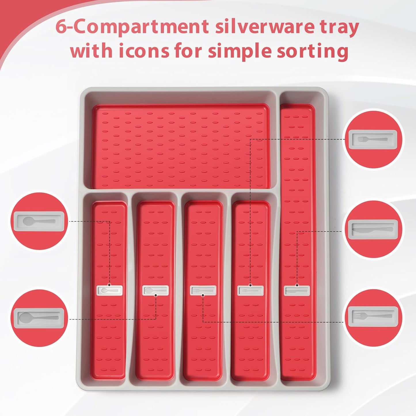 Silverware Organizer with Cutlery Icons，Silverware Tray for Kitchen Drawer，Plastic Flatware Tableware Cultery Drawer Organizer Utensil Organizer with Non-slip TPR Linings，6-Compartment