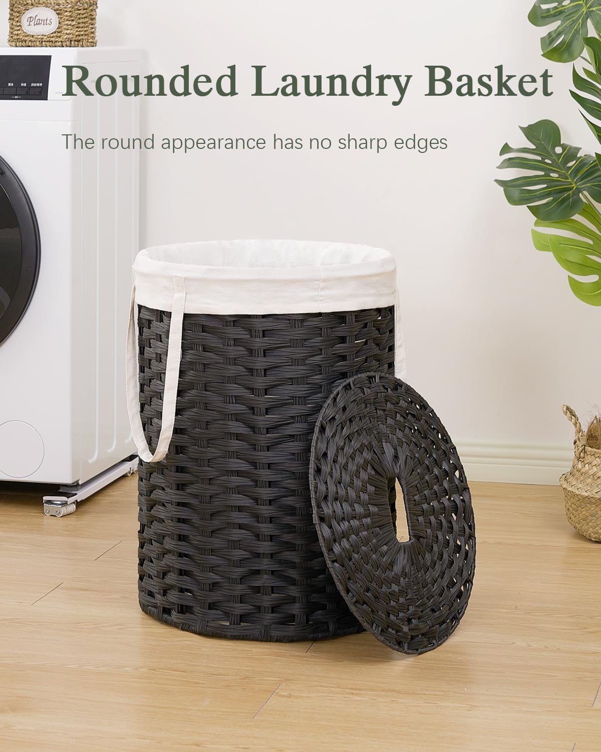Laundry Hamper with Lid Laundry Basket with Lid 19.0 Gal (72 L) Round Wicker Laundry Basket Handwoven Rattan Basket with Lid Removable Bag 2 Mesh Bags Handles for Living Room Bathroom Black