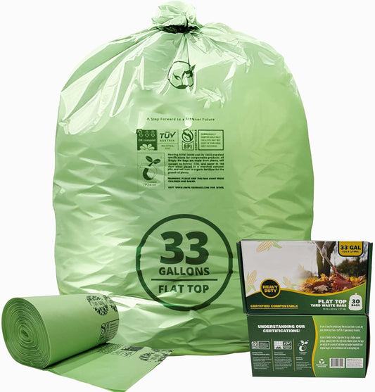 30-33 Gallon Compostable Trash Bags with Flat-Top, Heavy Duty Extra Thick 1.57 Mil, 124.92 Liter, 30 Bags, Large Lawn and Yard Waste Bag, ASTM D6400, US BPI and OK Compost Home Certified