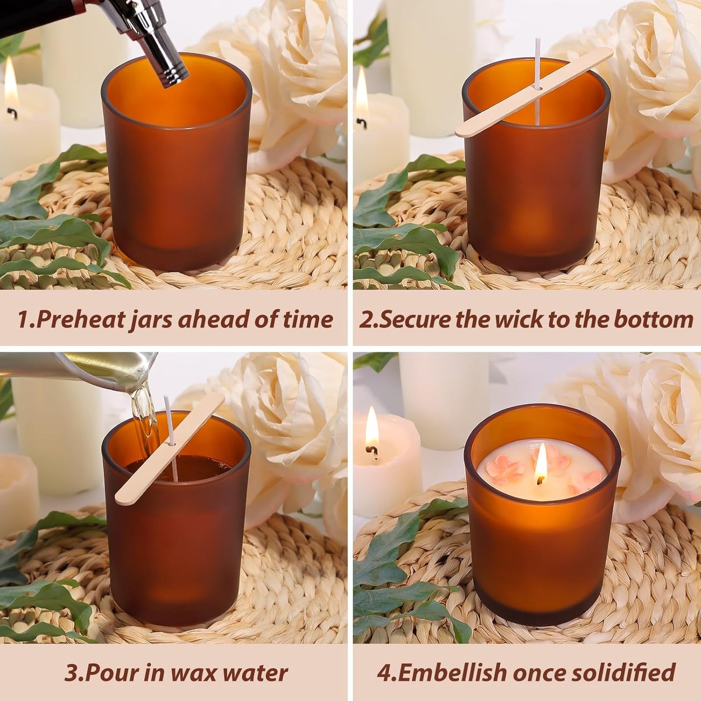 CONNOO 15-Pack 7oz Fall Amber Candle Jars with Bamboo Lids & Sticky Labels – Thick Glass Candle Jars for DIY Making, Dishwasher Safe, Bulk Set