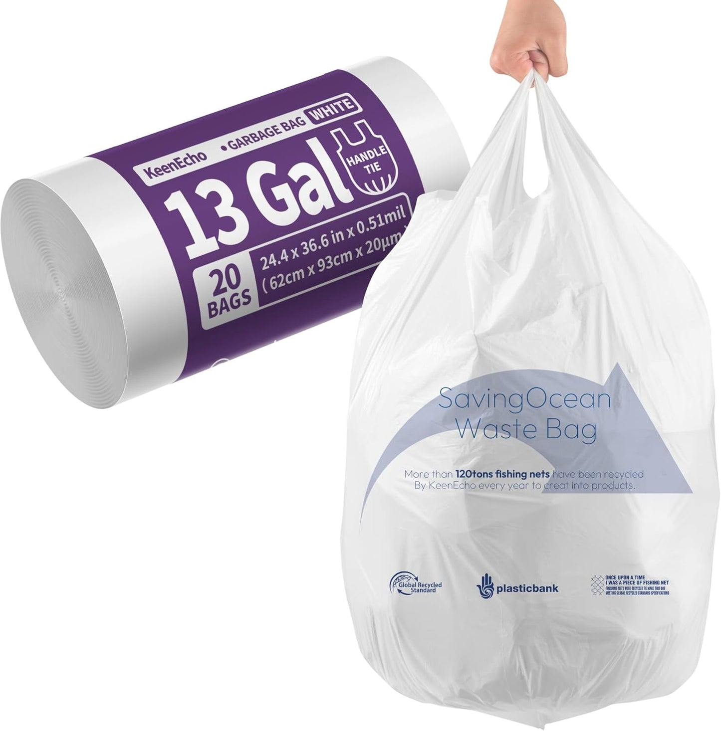 Small Trash Bags with Handles 13 Gallon 20 Count White - Ocean Plastic Upcycling - Plastic Garbage Bags, Can Bin & Waste Basket Liner for Kitchen, Bathroom, Office and Pets