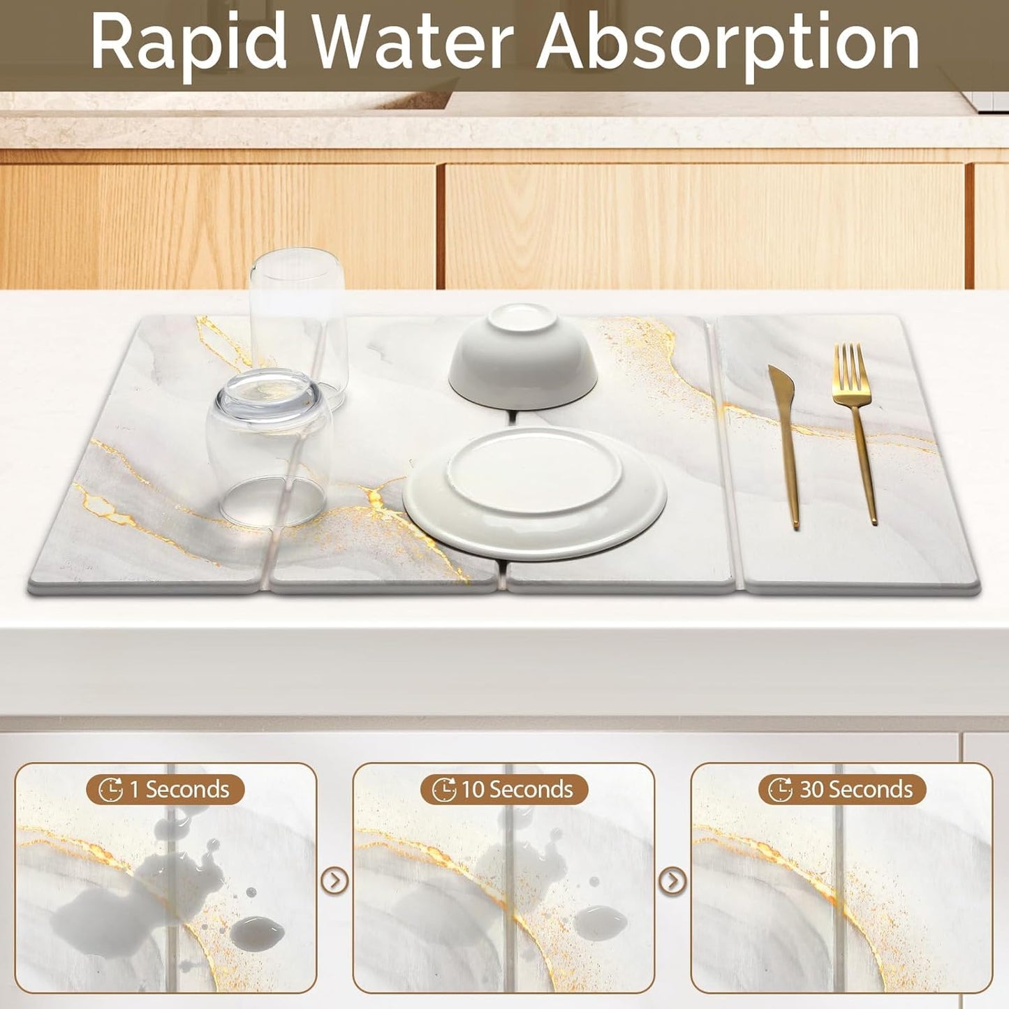 2 PCS Large Stone Dish Drying Mat for Kitchen Counter Quick Dry Stone Dishes Mats Marbled Water Absorbing Diatomaceous Earth Drying Pad for Countertop Bottles Utensils Cups (Gold White 24"x16"&8"x4")