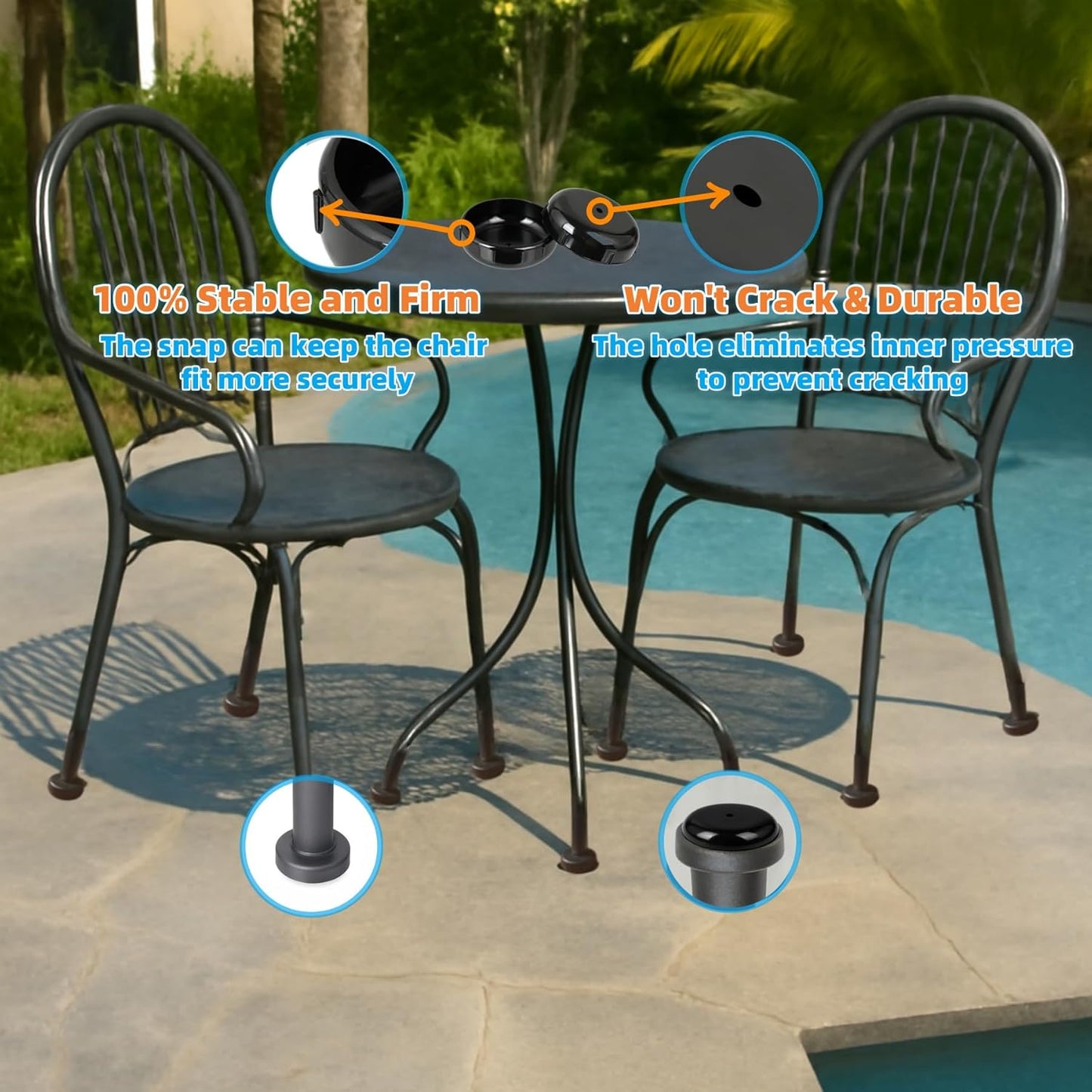 Wrought Iron Patio Furniture Feet Caps - Furnigear 1-1/2" Round Plastic Outdoor Chair Leg Caps, Floor Protectors for Metal Chairs & Tables, Patio Furniture Replacement Rubber Feet (24 Pack, Black)