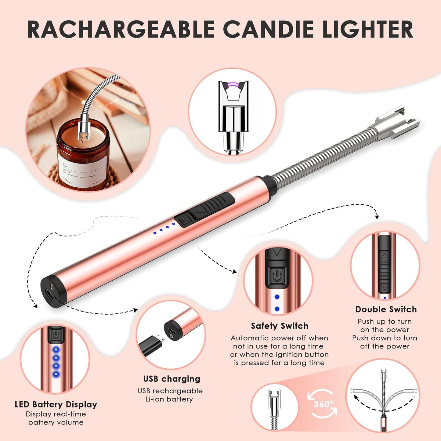 6 in 1 Candle Accessory Set,Candle Wick Trimmer Cutter,Candle Wick Dipper,Candle Wick Snuffer, Rechargeable Candle Lighter,Storage Tray Plate,Tweezers,Stainless Steel Candle Care Kit Gift(Rose Gold)…