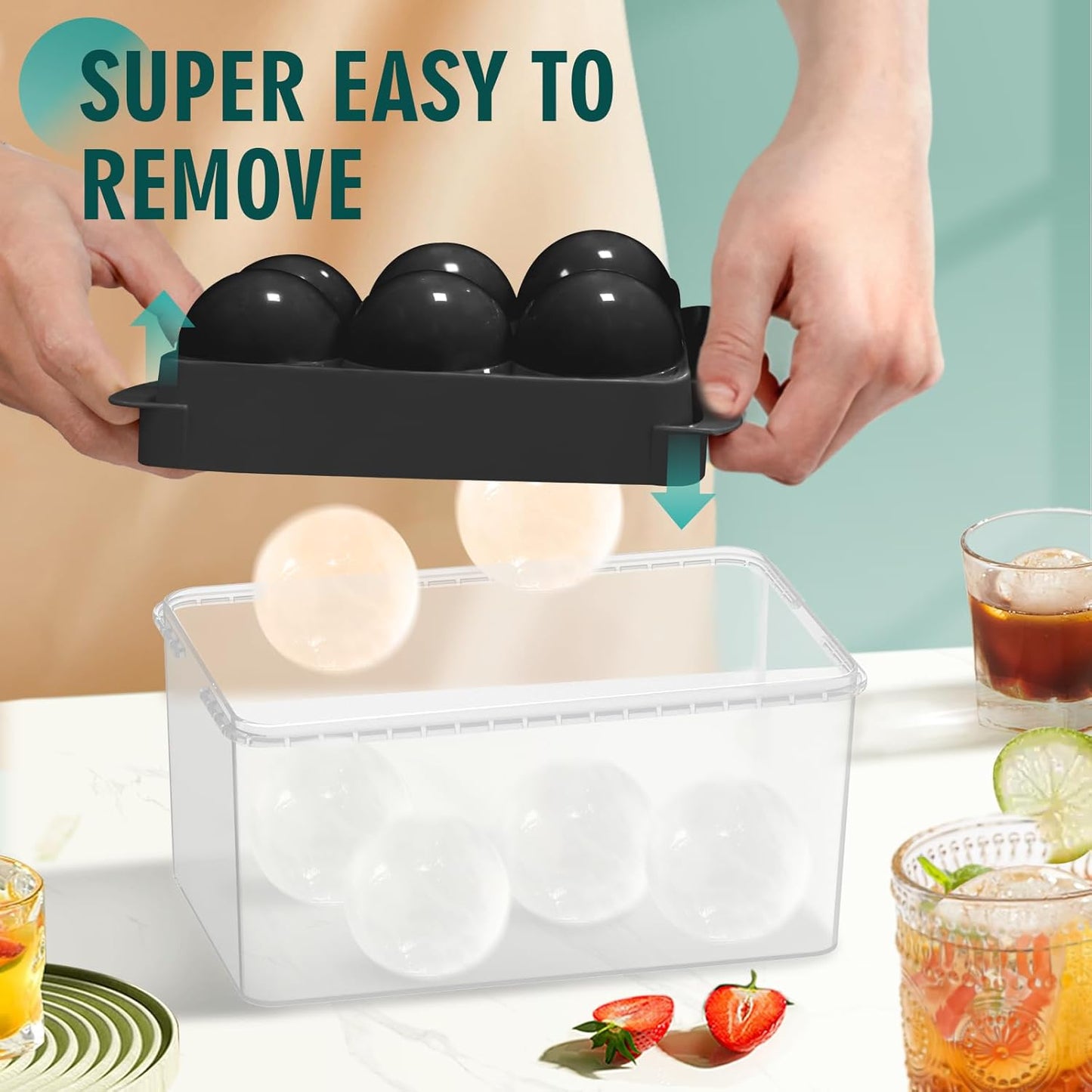 WIBIMEN Large Ice Cube Molds, Big Round Whiskey Ice Cube Trays for Freezer, Easy to Fill & Release, Whiskey Bourbon Cocktail(1.9In*6 Balls- Black/2 Pack)