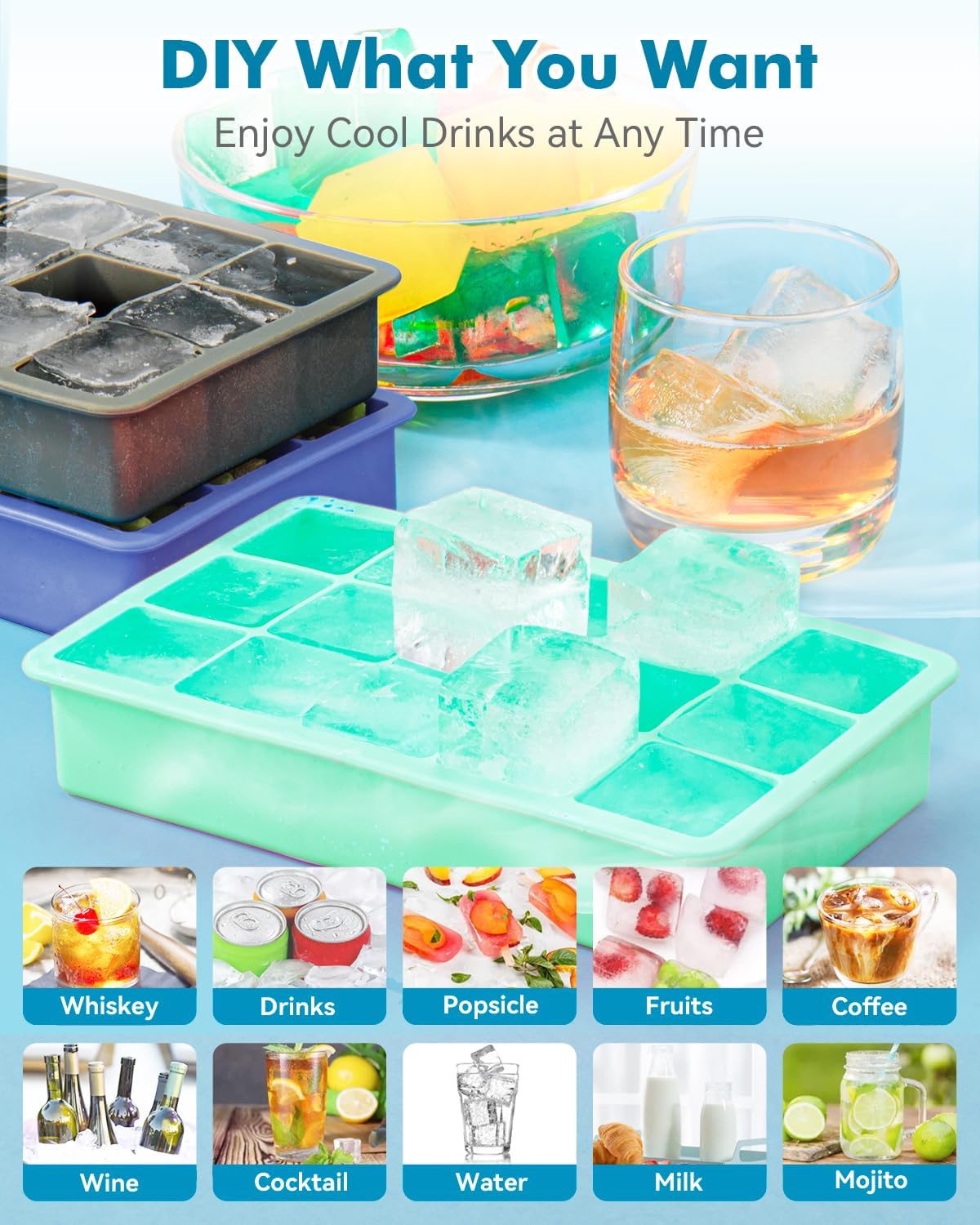 Silicone Ice Cube Trays for Freezer Set of 2, Square Ice Cubes Mold, Easy Release Silicone Old Fashioned Ice Cube Tray, Mini Fridge Rubber Ice Cube Tray for Whiskey Cocktail Coffee Soup